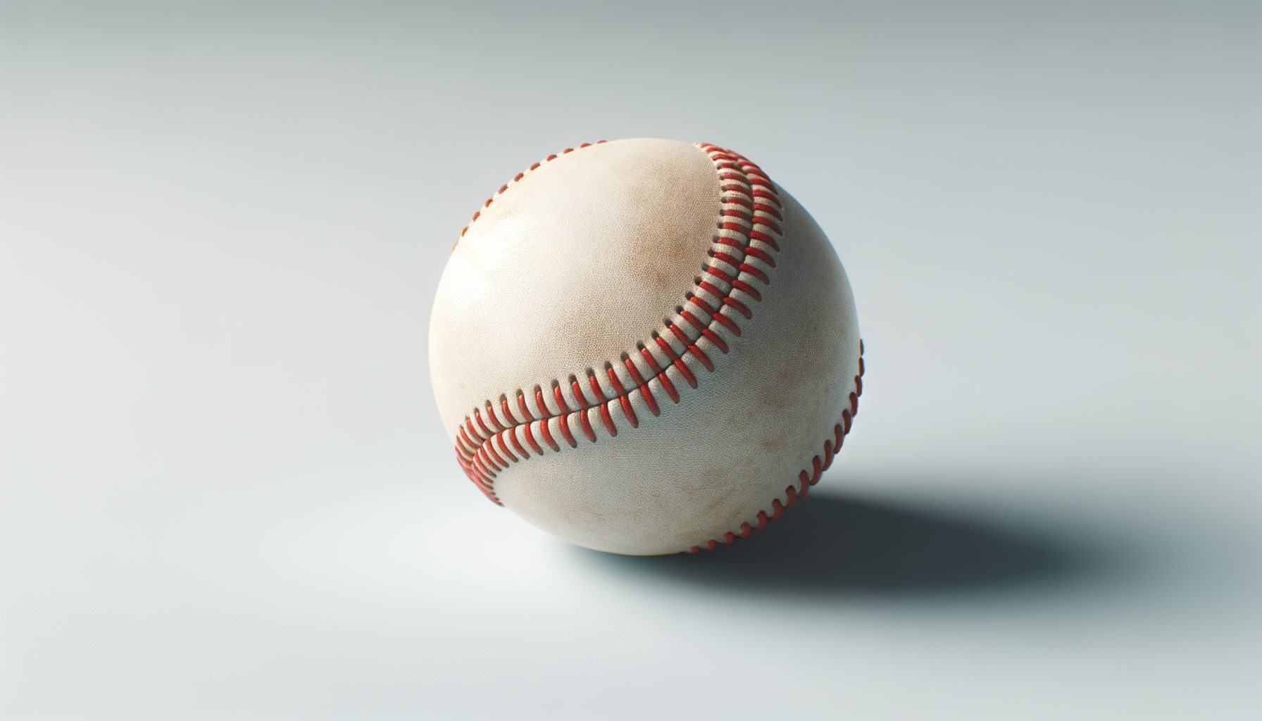 A close-up of a baseball with red stitching on a white surface, casting a shadow to the right.