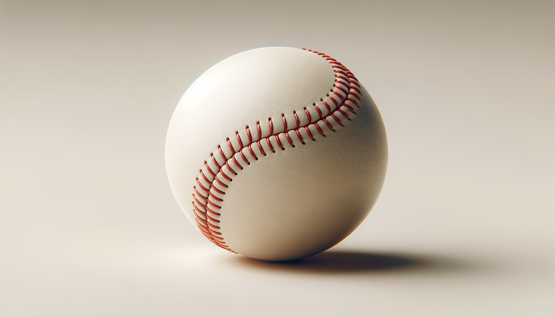 A baseball with a white surface and red stitching, positioned on a neutral background.