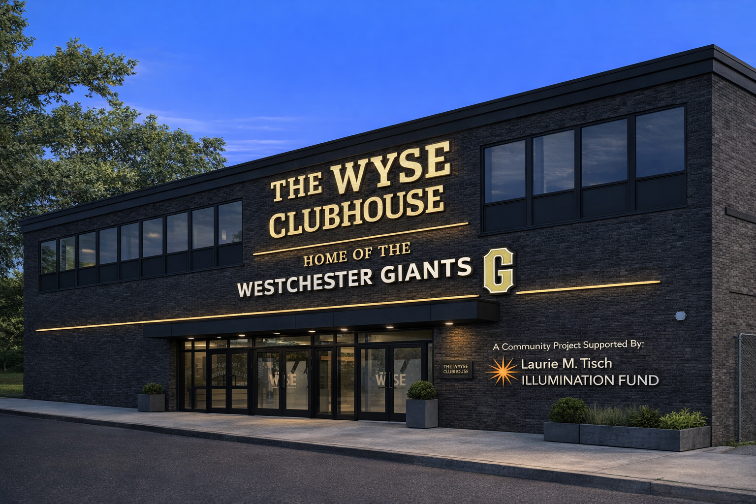 Dark brick building with illuminated sign reading "The WYSE Clubhouse, Home of the Westchester Giants" and additional text about community support and funding.