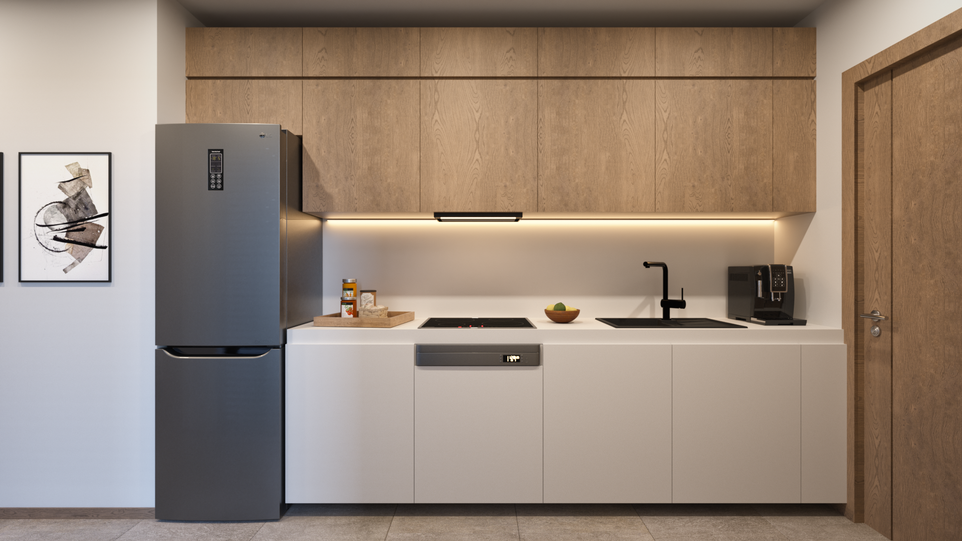 Modern kitchen with wood upper cabinets, white lower cabinets, black sink faucet, black cooktop, a microwave, and a stainless steel refrigerator, with artwork on the wall and a small countertop tray with food jars.