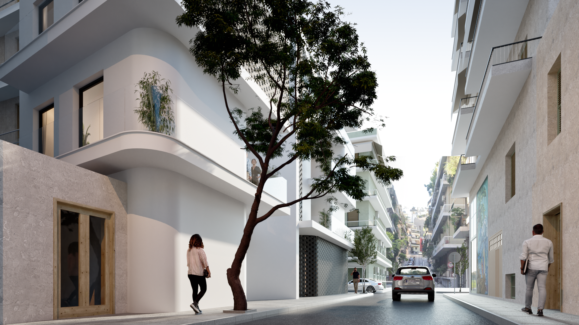 Street view of modern residential buildings with balconies, trees, and pedestrians walking, parked and moving cars.