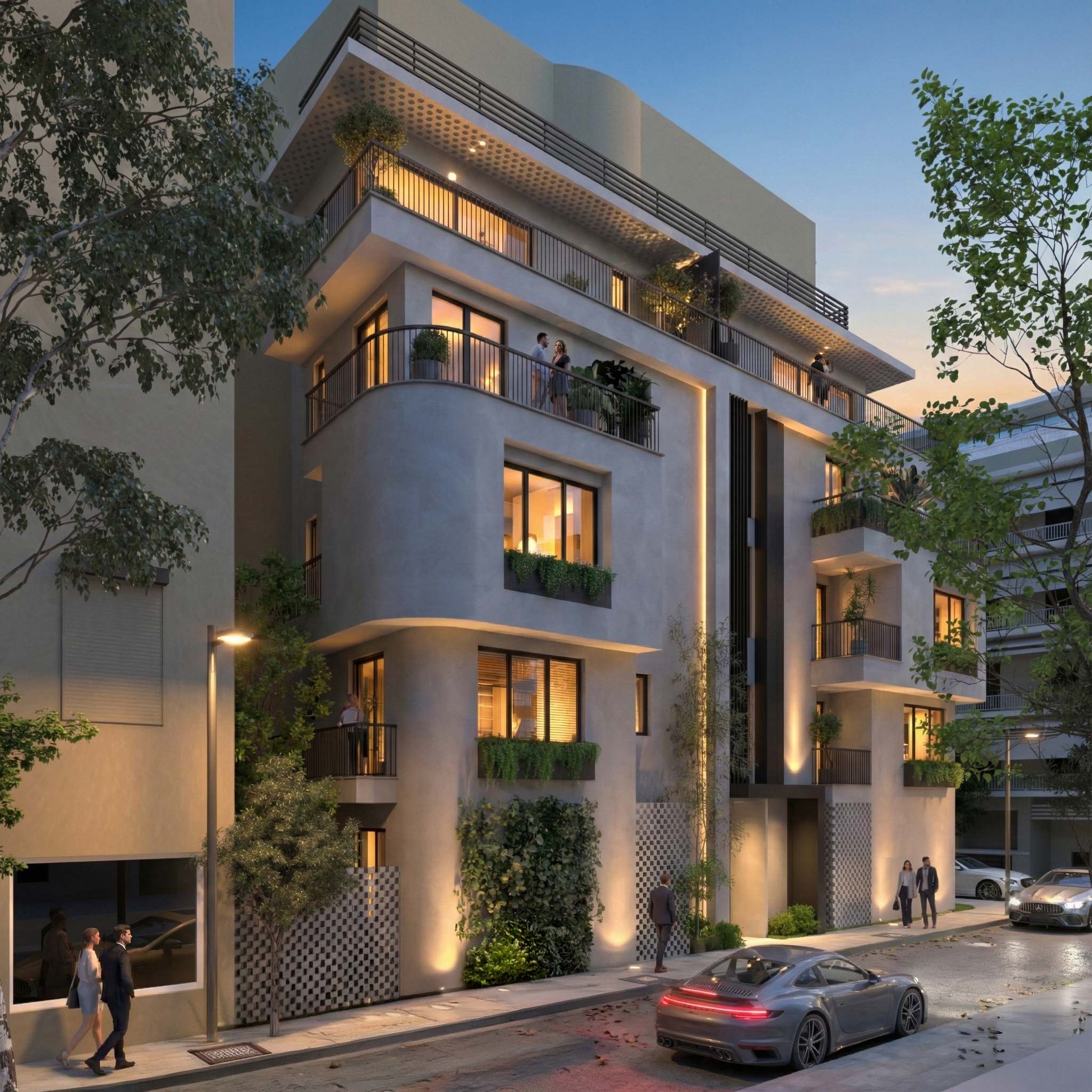 A modern multi-story residential building with balconies, large windows, and outdoor lighting during evening. People are walking on the sidewalk and cars are parked along the street, with trees lining the sidewalk.