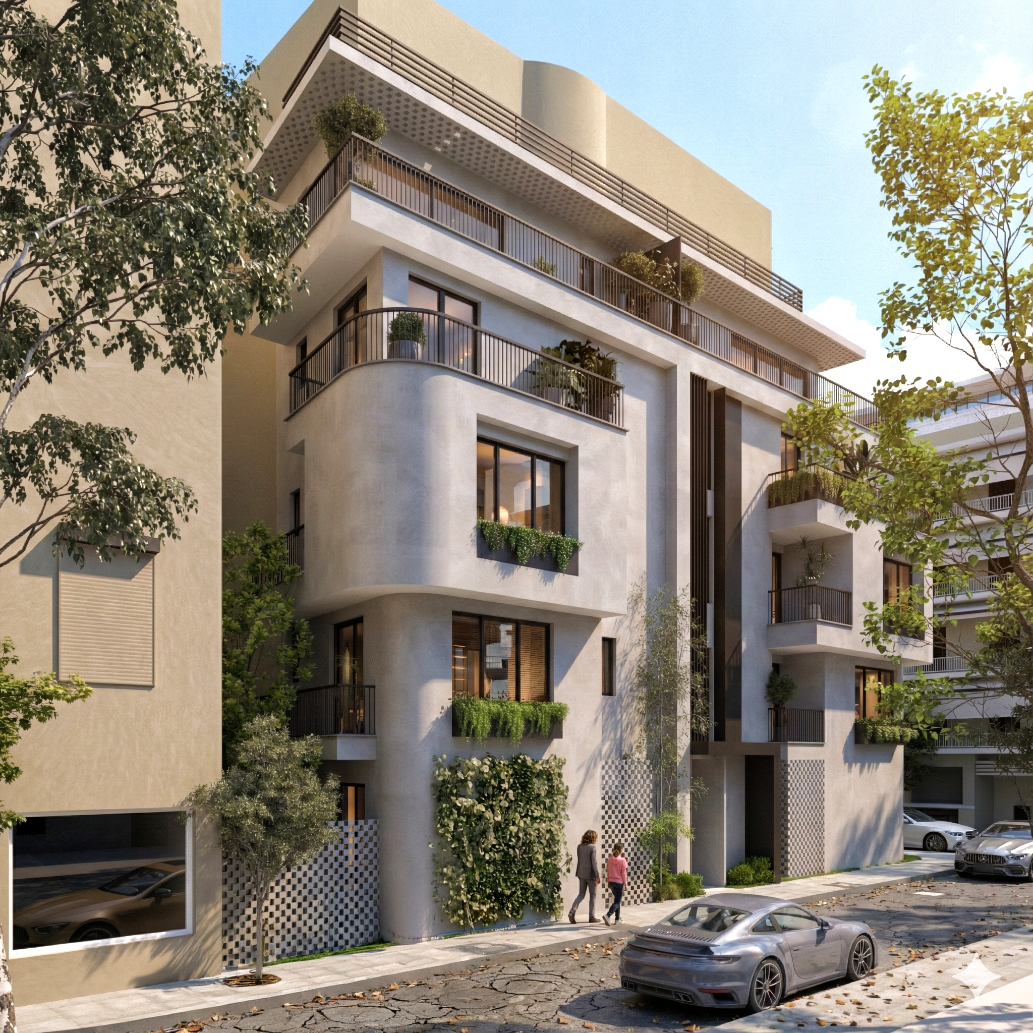Modern multi-story apartment building with curved balconies, large windows, and greenery on the balconies and walls, with a street and parked cars in front, and people walking.