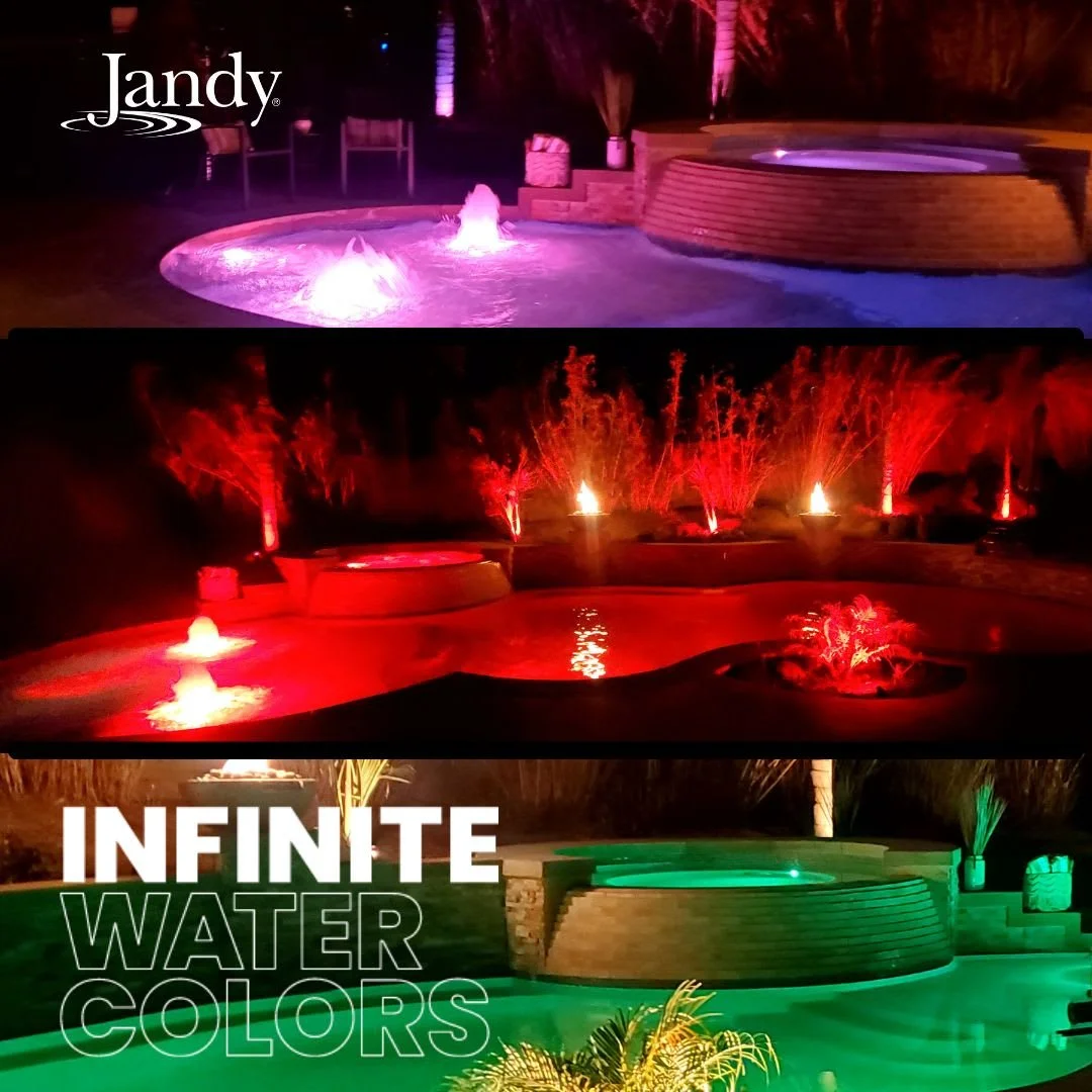 Luxury pool lighting with Jandy Infinite WaterColors LED lights at night - pool renovation Miami
