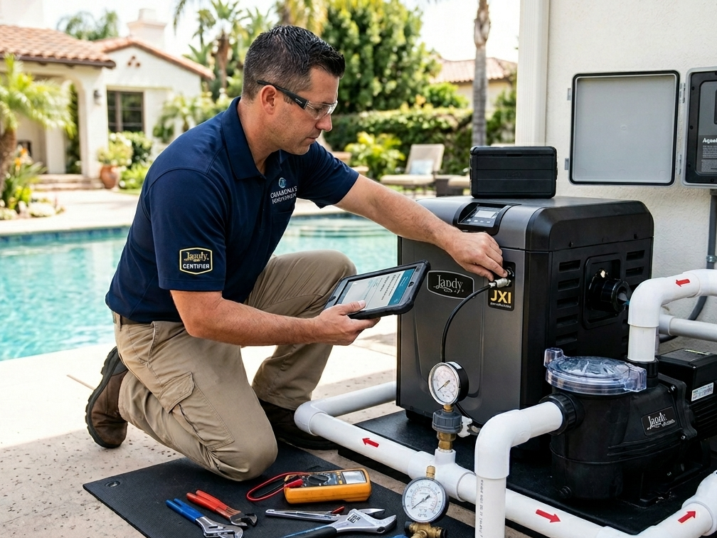 Certified pool technician performing electrical diagnostics and smart system repair in Kendale Lakes Florida