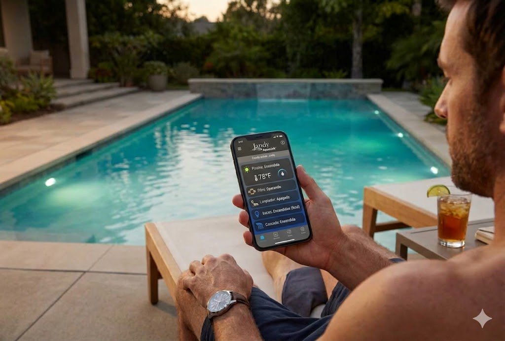 Professional technician using the Jandy iAquaLink app on a smartphone to control a luxury backyard pool at sunset.