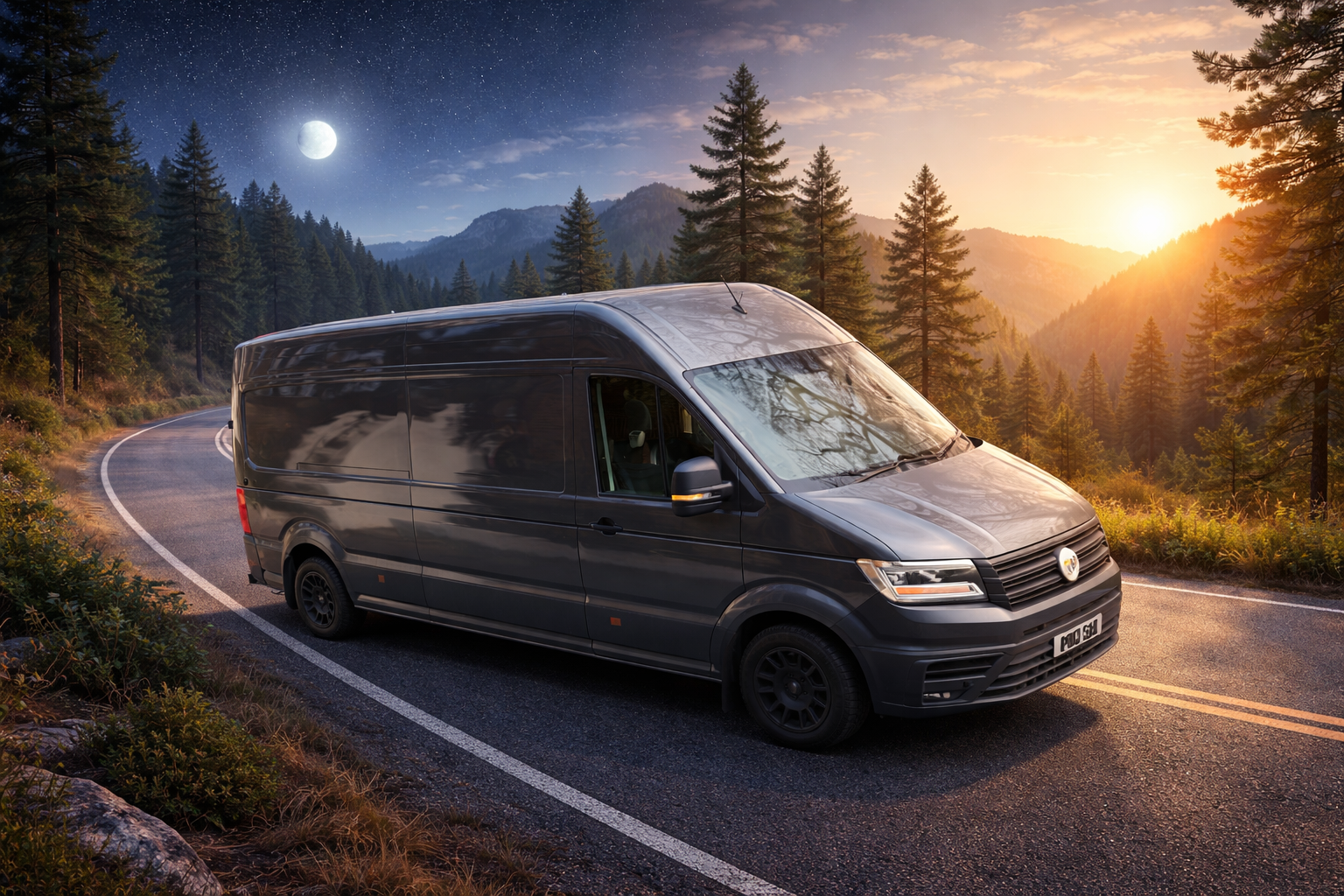 A black van parked on a winding mountain road during sunset with a forest of pine trees and mountains in the background.