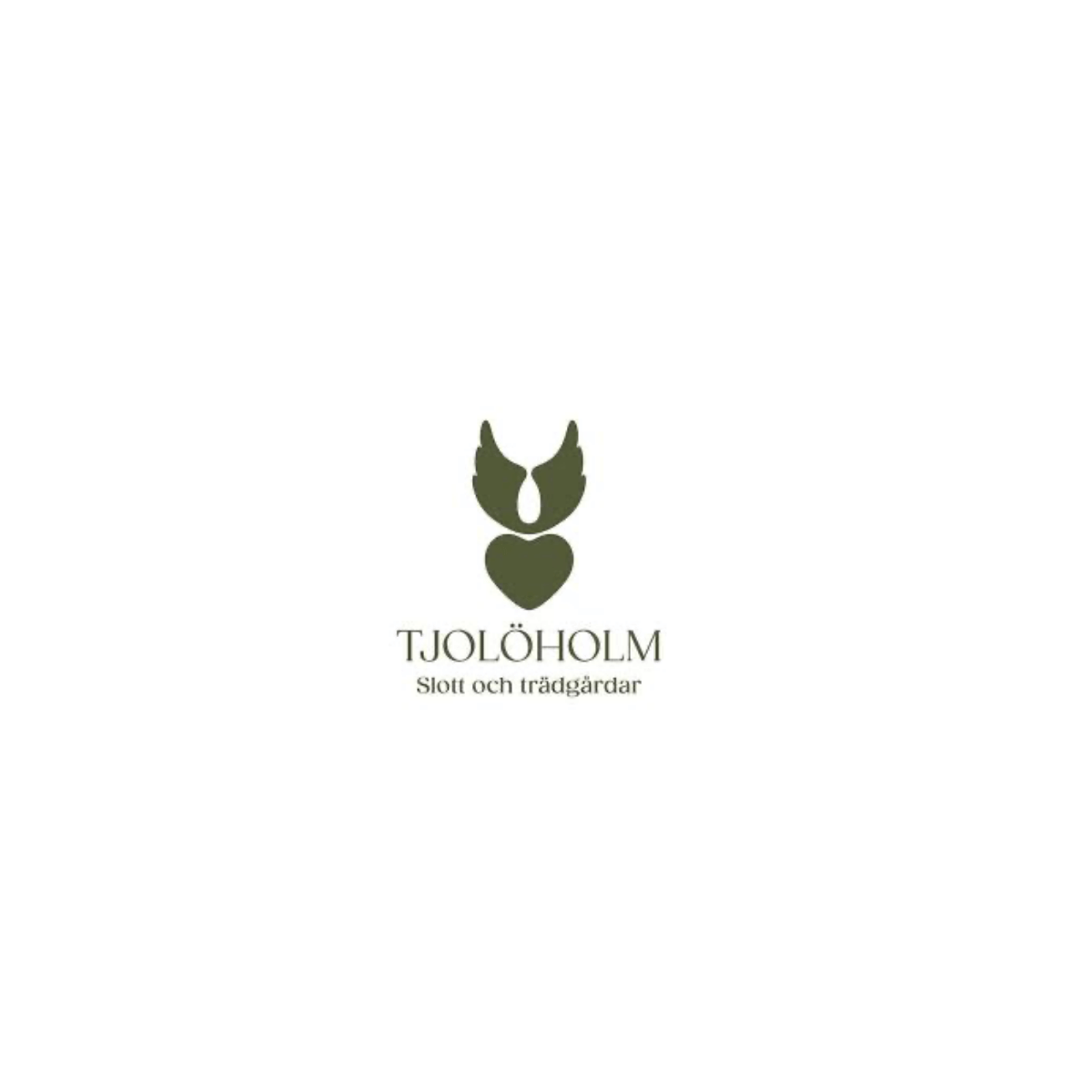 Logotyp för Tjolöholm slott och trädgårdar med en stiliserad symbol av ett hjärta och ett fågelmotiv i grönt, texten 'TJOLÖHOLM' och 'Slott och trädgårdar'.