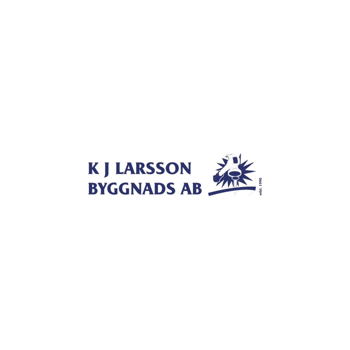 Logotyp för K J Larsson Byggnads AB med en ritning av en byggnadsarbetare med hjälm och verktyg, samt texten 'est. 1990'.