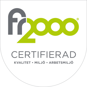 Logotyp för FR 200 Certifierad med texten 'Kvalitet - Miljö - Arbetsmiljö
