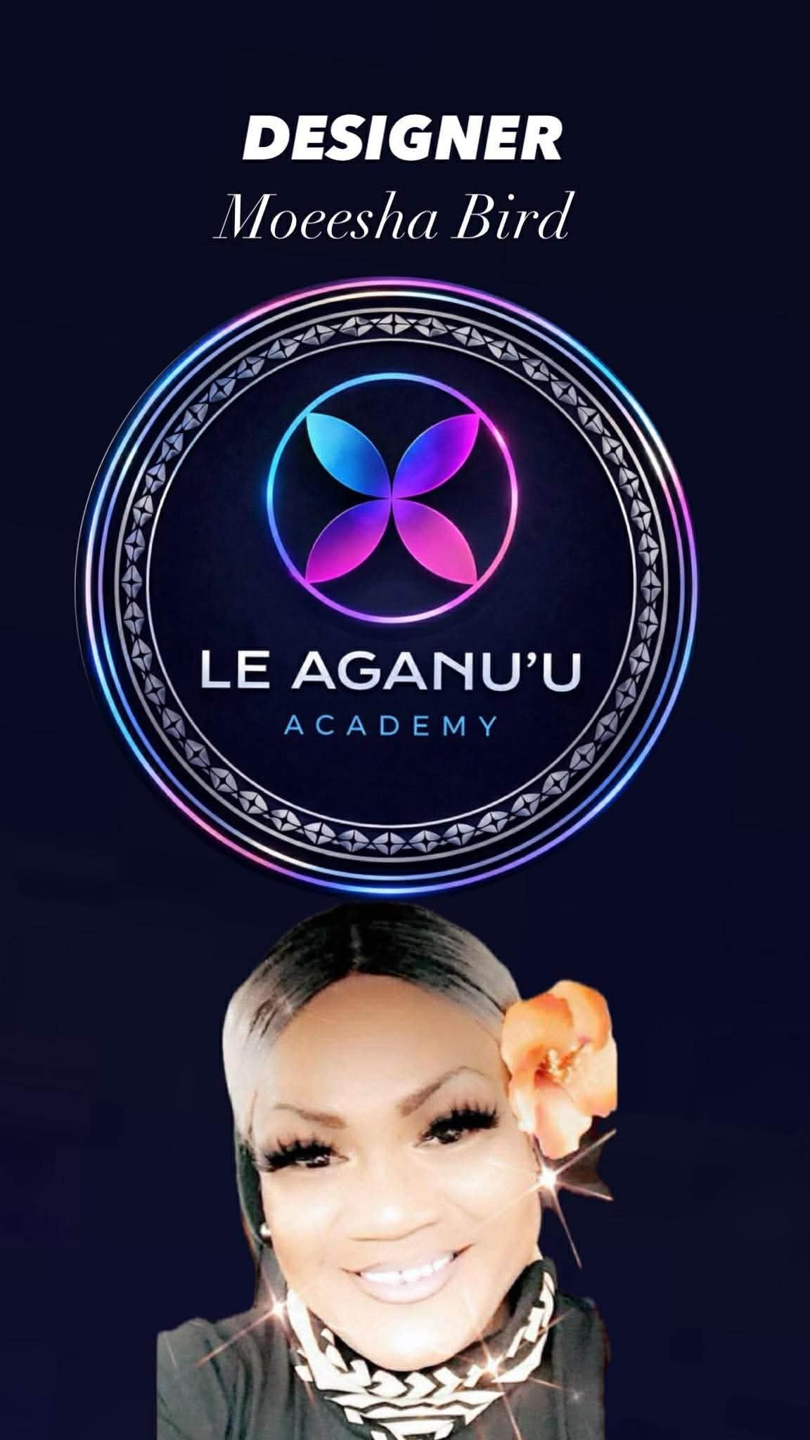 A woman with dark hair and makeup taking a selfie. Behind her, there is a digital graphic design featuring neon-colored circular patterns, a logo with a flower-like symbol, and the text 'Designer Moeesha Bird' and 'Le Agu' U Academy'.