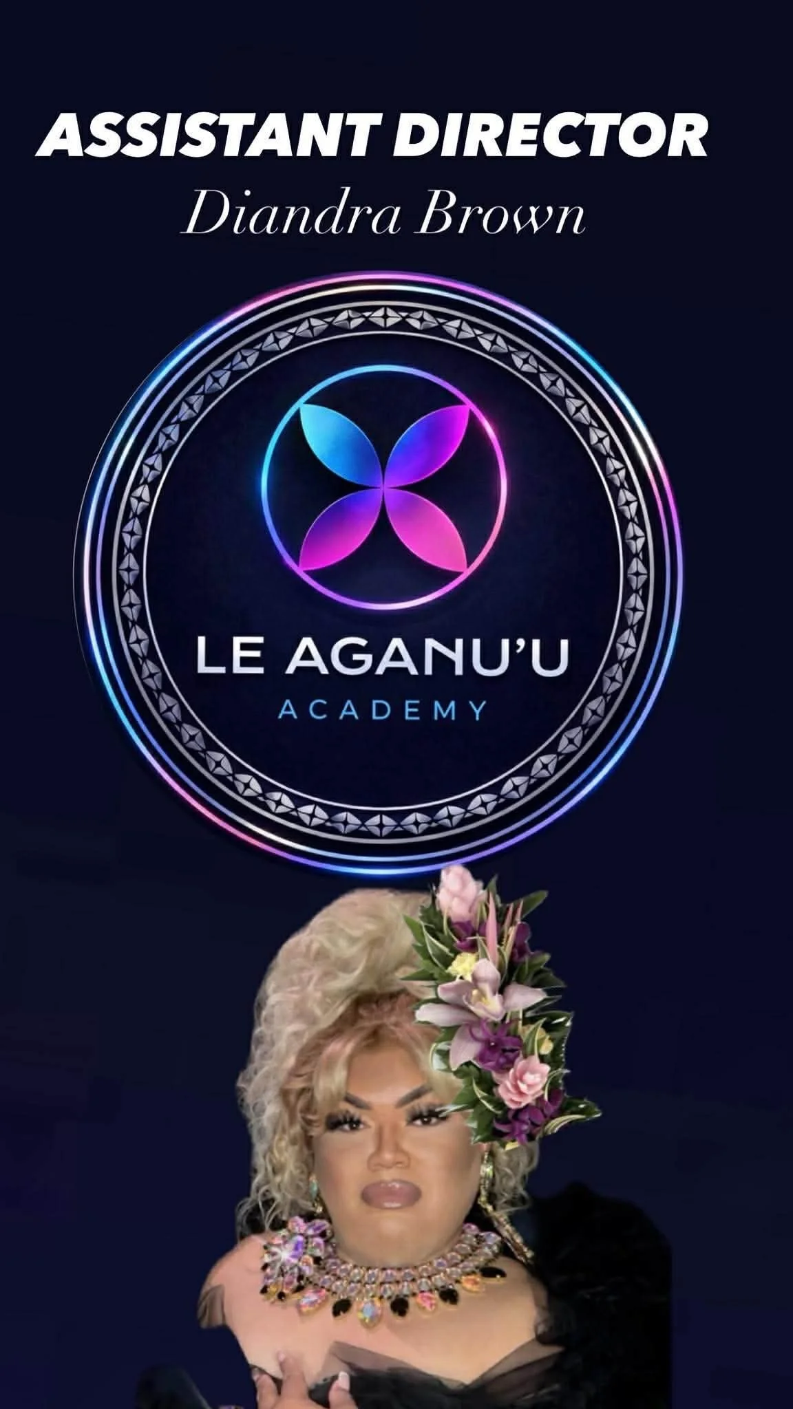 Promotional poster featuring a woman with platinum blonde curly hair, wearing large earrings and a statement necklace, holding a bouquet of purple and pink flowers. The background includes a neon sign with the text "Assistant Director Diandra Brown" and a logo for Le Aguu Academy.