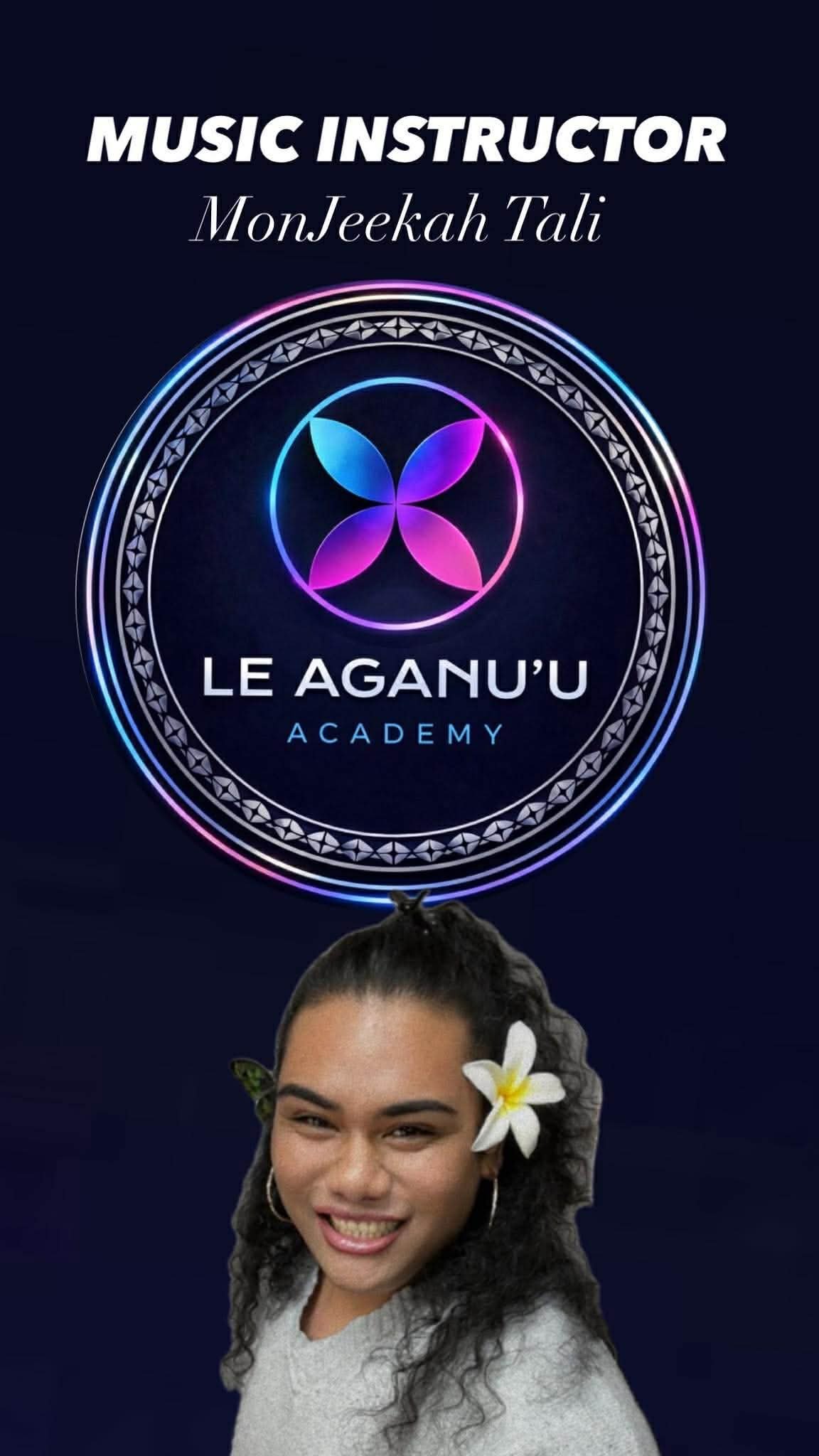 Poster for a music instructor named MonJeekah Tali at Le Aguan'u Academy. The poster has a neon circular design with a flower-like symbol inside. Part of a smiling woman with a flower in her hair is visible at the bottom.
