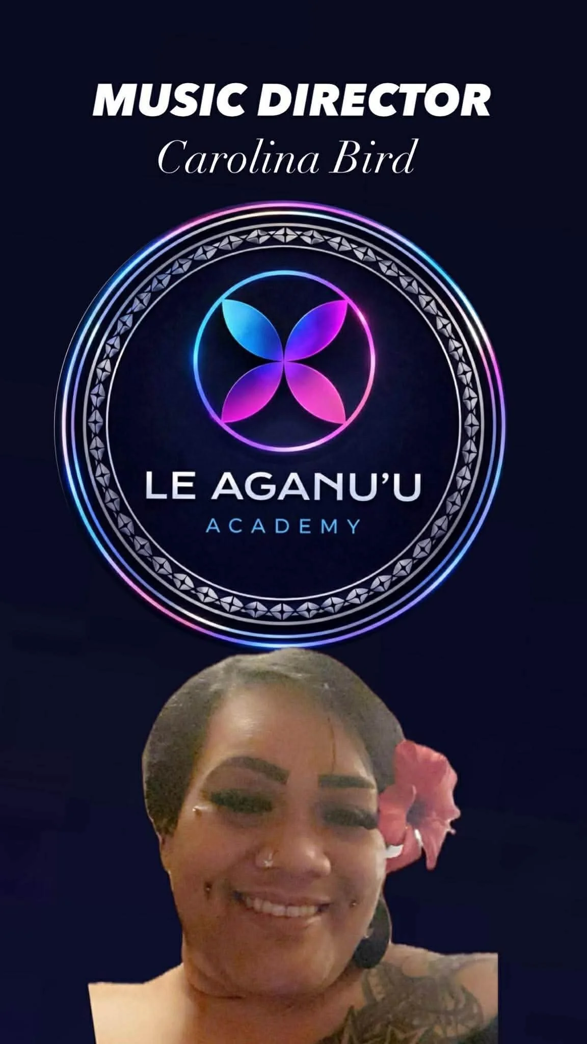 Digital concert ticket with the name 'Le Agu' U Academy' and the roles of music director for 'Carolina Bird,' featuring a circular neon logo with purple, pink, and blue hues. A smiling woman with tattoos and short hair is in front of the ticket.