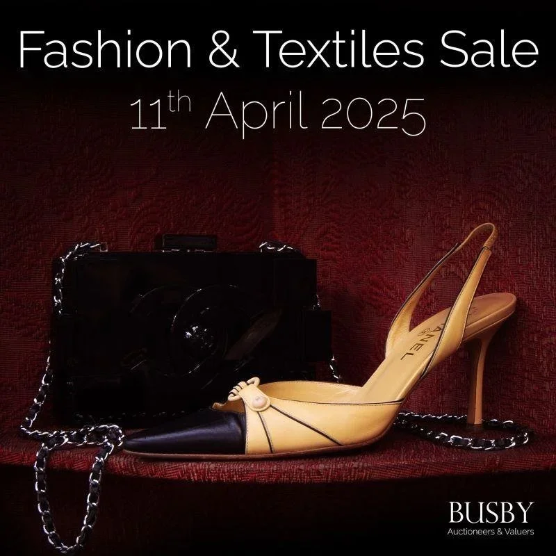 Advertisement for a fashion and textiles sale on April 11, 2025, featuring a high-heeled Chanel shoe designed to look like a handbag with a chain strap, placed on a red textured surface.