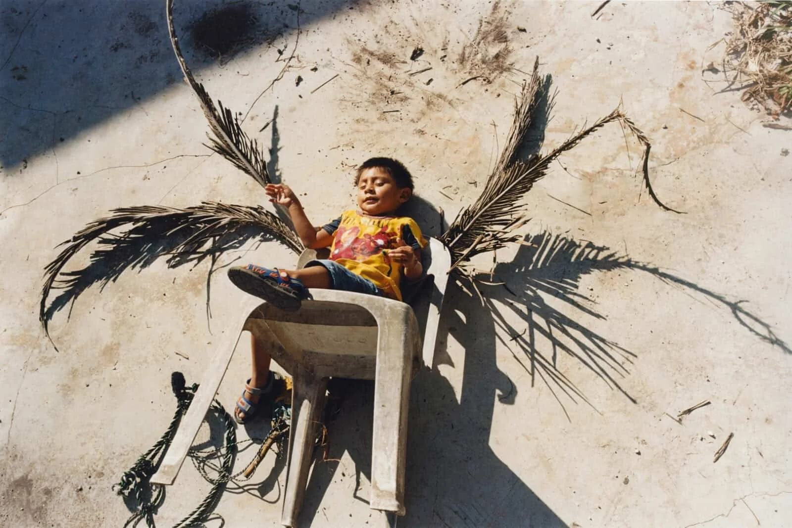 A young boy sitting in a plastic chair, with dried palm fronds arranged behind him to resemble wings, on a concrete surface.