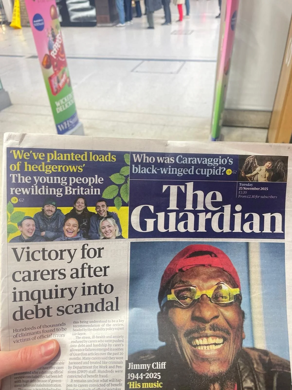 Front page of The Guardian newspaper dated Tuesday, 25 November 2025, featuring a large photo of Jimmy Cliff with his birth and death years, 1944-2025, and a headline about his music.