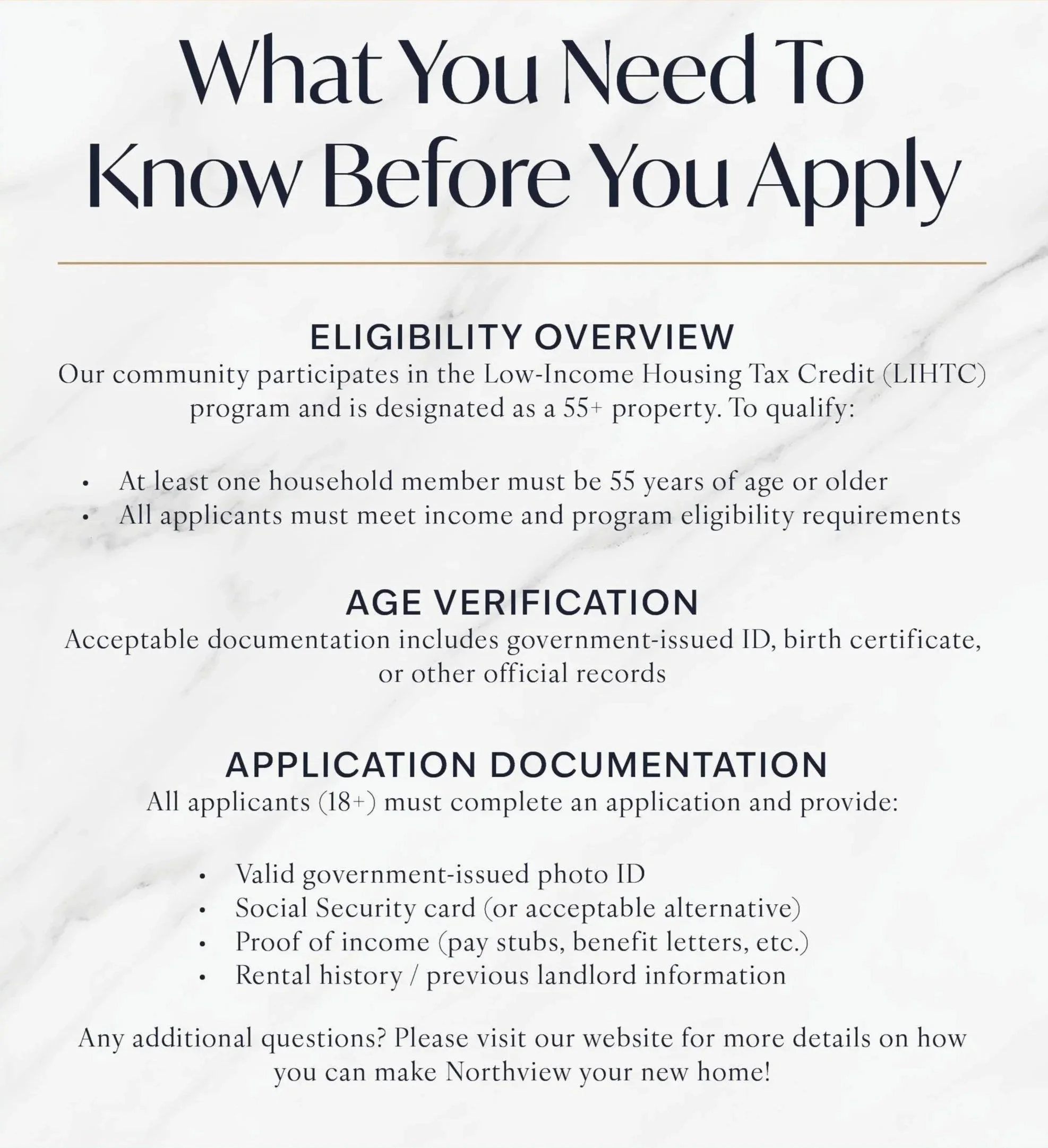 A document titled 'What You Need To Know Before You Apply' discusses eligibility overview, age verification, application documentation, and how to apply for a program, with sections on income and rental history.