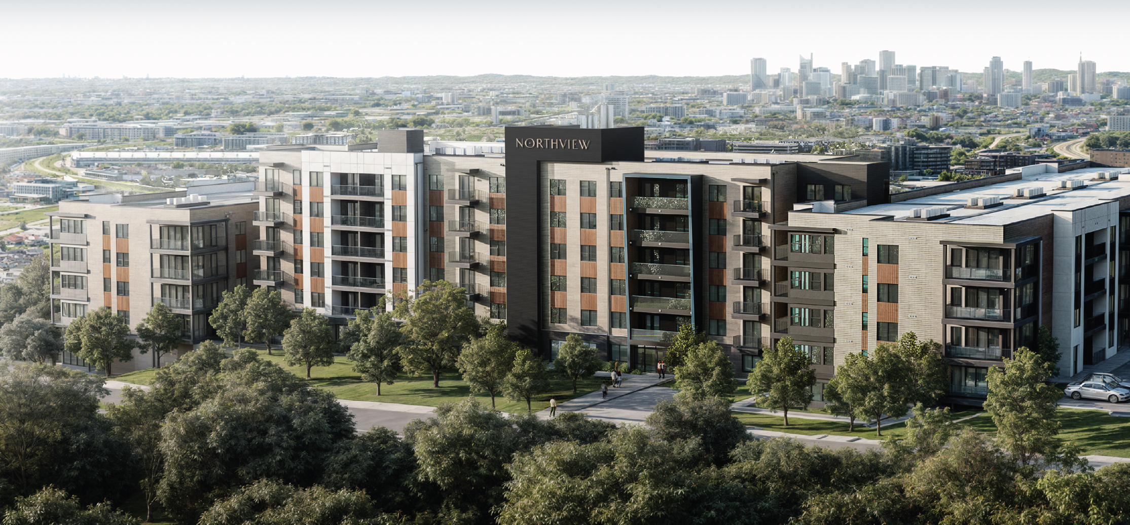 Modern apartment building labeled 'Northview' with trees, a park, and a city skyline in the distance.