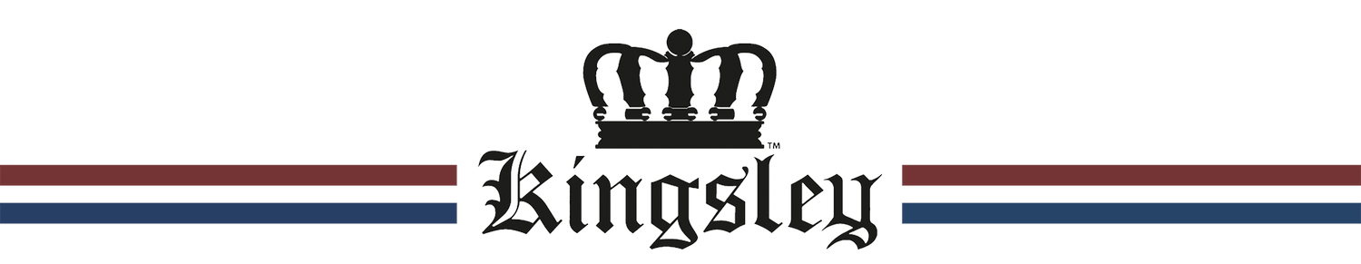 Logo featuring a black crown above the word 'Kingsley' in black gothic script, with a horizontal red and blue striped line on each side.