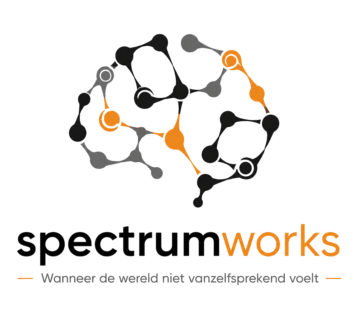 Logo van Spectrum Works; neuronen in de vorm van een brein, boven de tekst 'spectrum works'. Onder de tekst staat een slogan in het Nederlands: 'Wanneer de wereld niet vanzelfsprekend voelt'.