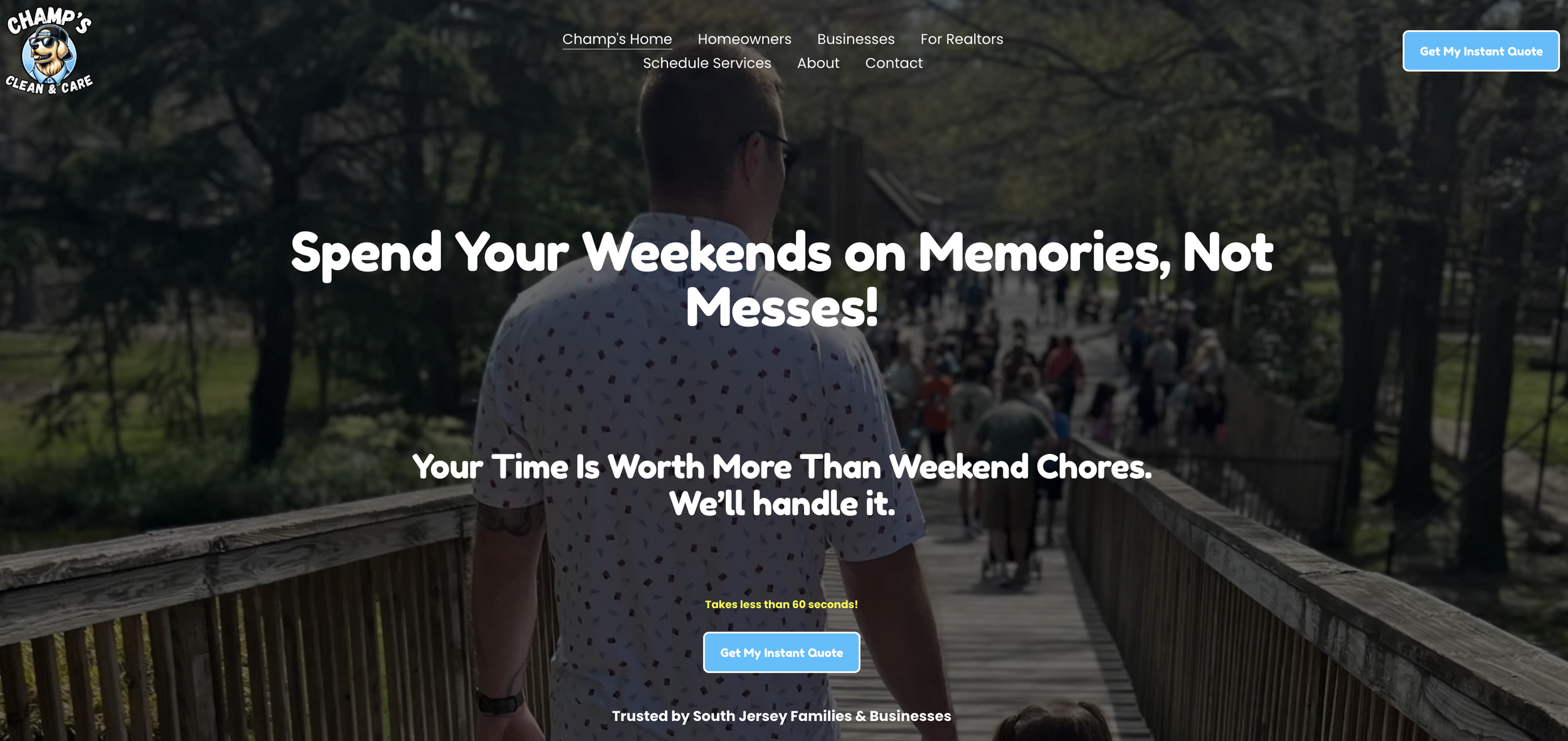 A website homepage for Champ's Cleaning & Care, featuring a man walking on a bridge with a crowd in the background, promoting cleaning services for weekends.
