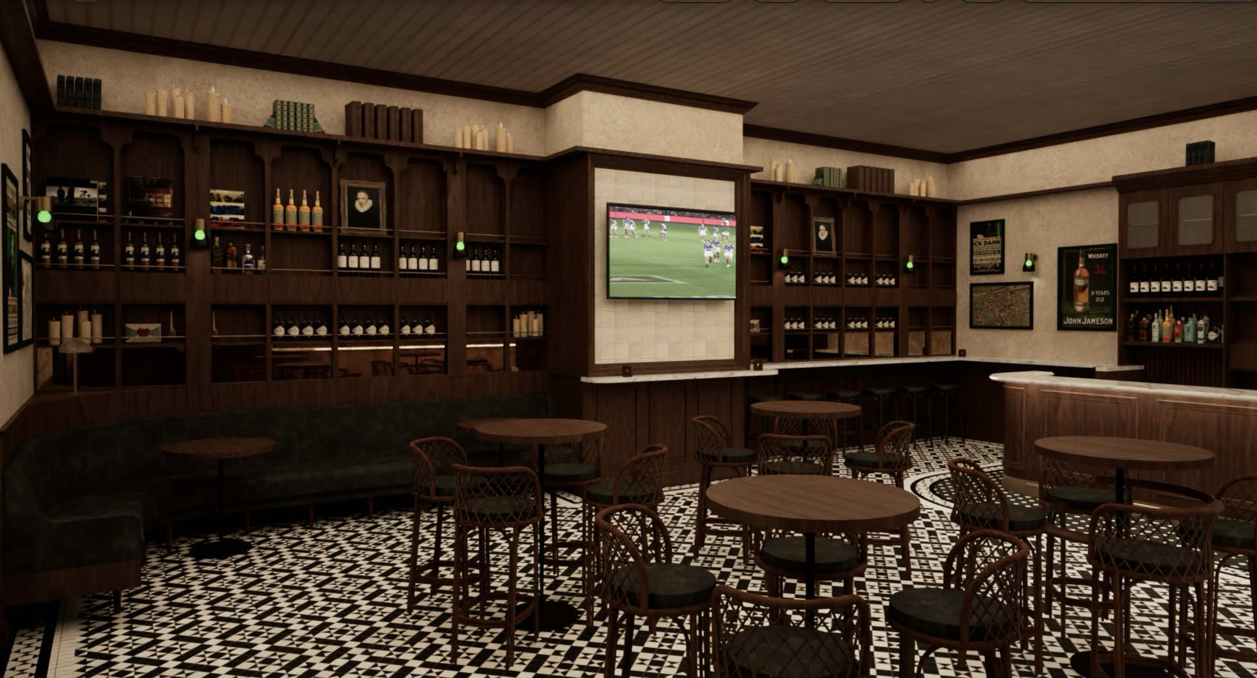 An interior view of a bar with wooden shelves filled with bottles and books, a TV showing a sports game, and patterned black-and-white floor tiles.