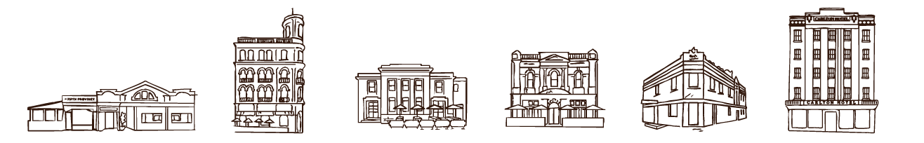Line drawings of various Ganley Group venues, The Fifth Province, Freddie Wimpoles, The Carlton, Windsor Castle Hotel, The Bay Hotel and Angus & Bon.