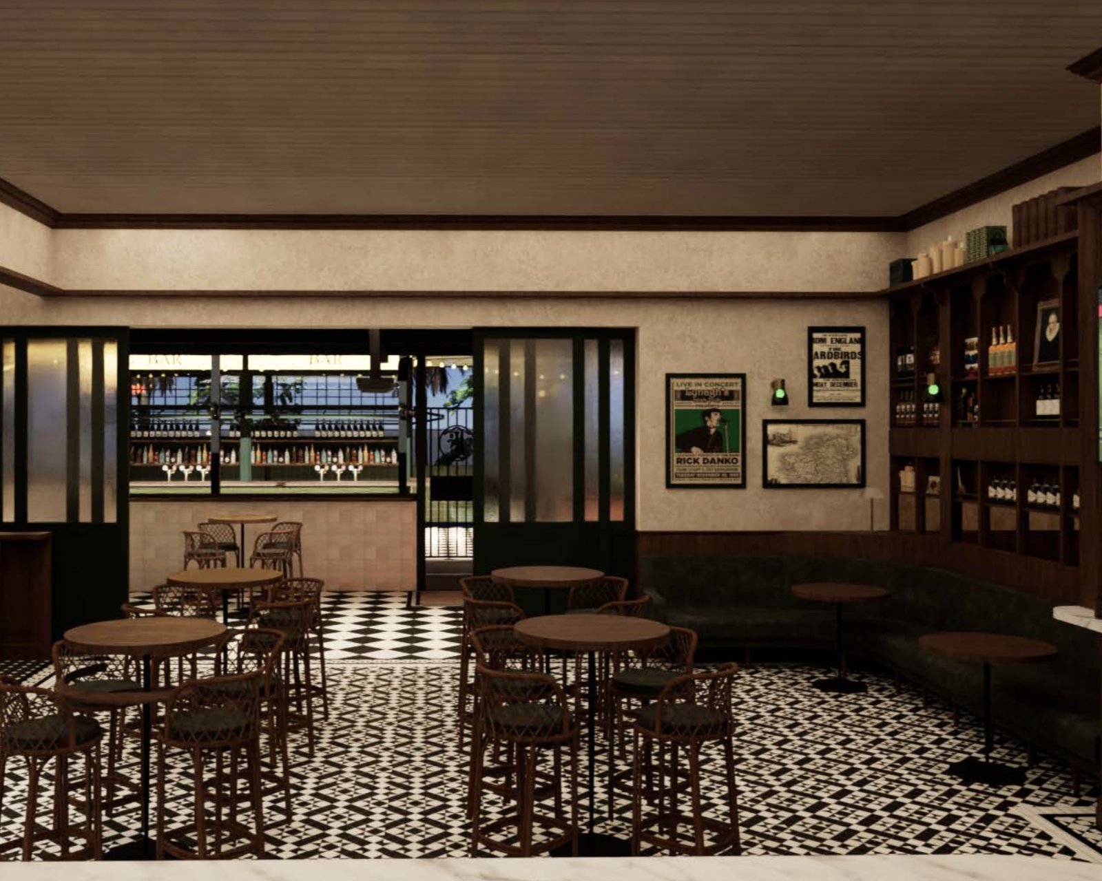 Interior of a cozy cafe with wooden furniture, patterned black and white tile floor, framed posters on the wall, and shelves with bottles and decor.