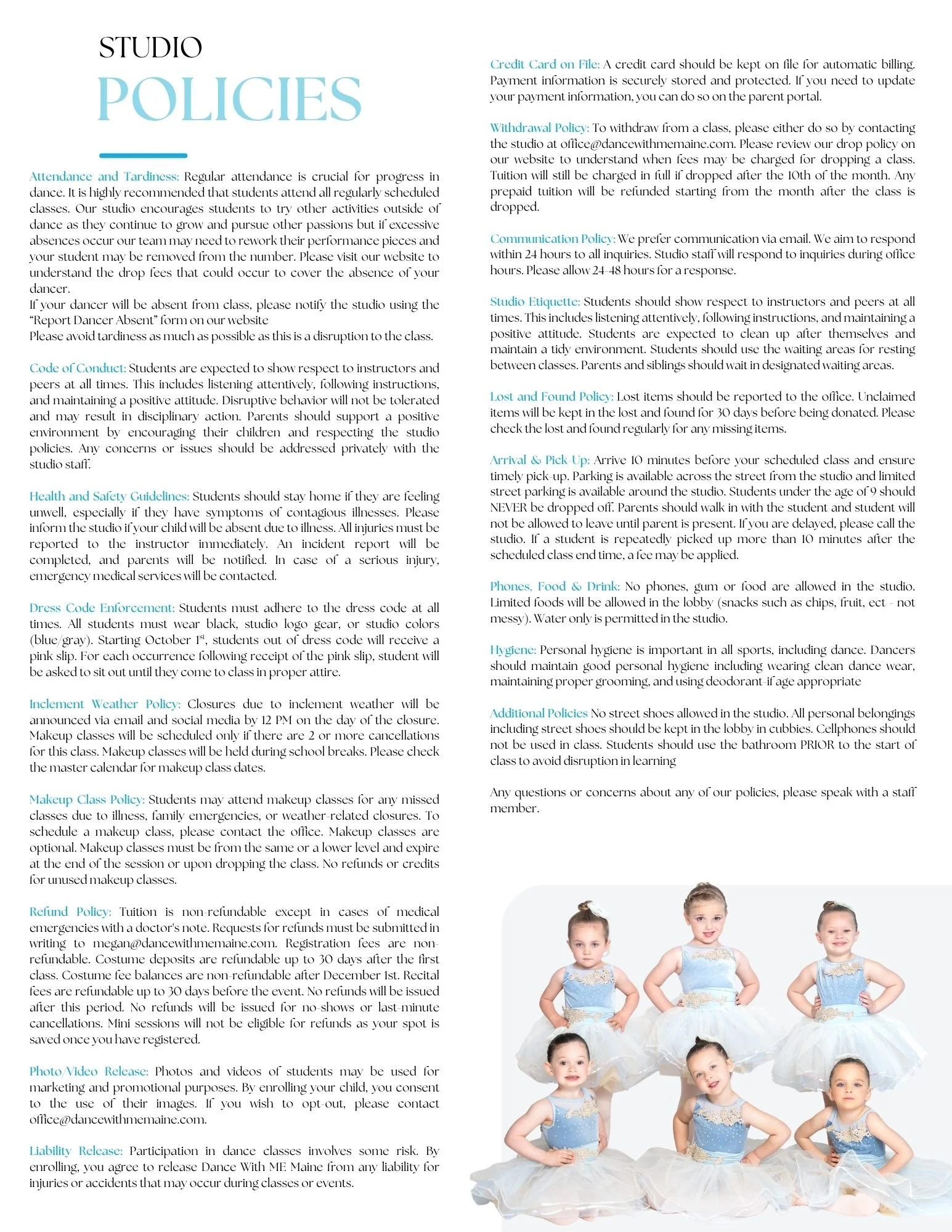 Dance studio policies with a group of young ballerinas in tutus.