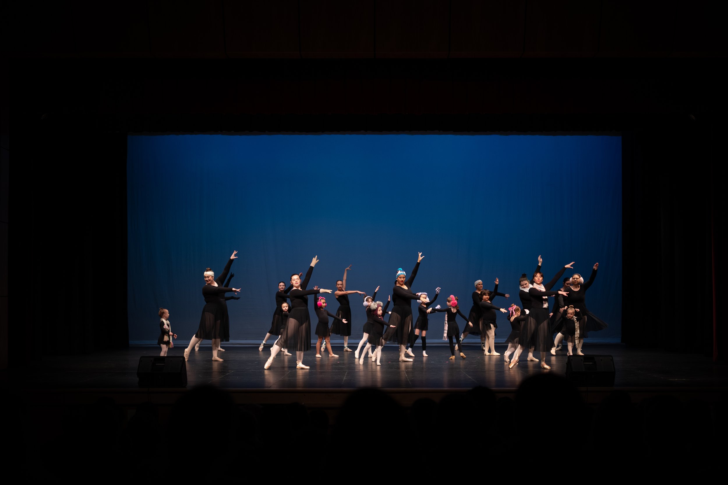 Group of dancers performing on stage, with children and adults in ballet costumes, under blue lighting.