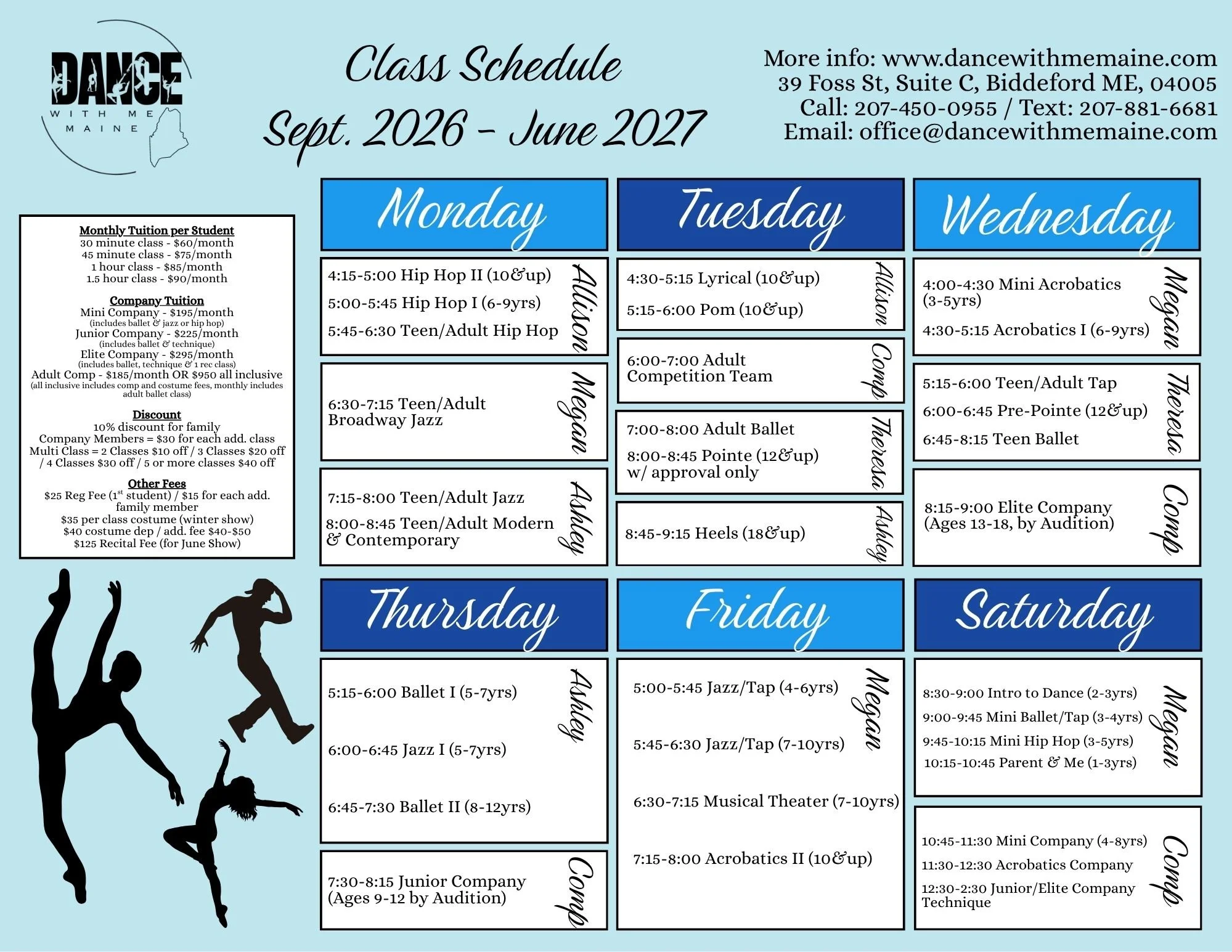 Dance class schedule for September 2026 to June 2027 at Dance with Maine, including class times for Monday through Saturday with details about classes, ages, and instructors, with contact information and logo.