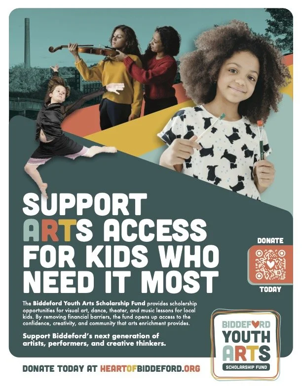 Children engaging in arts, dance, music, and violin playing to support arts access for kids in need, as part of the Biddeford Youth Arts Scholarship Fund.