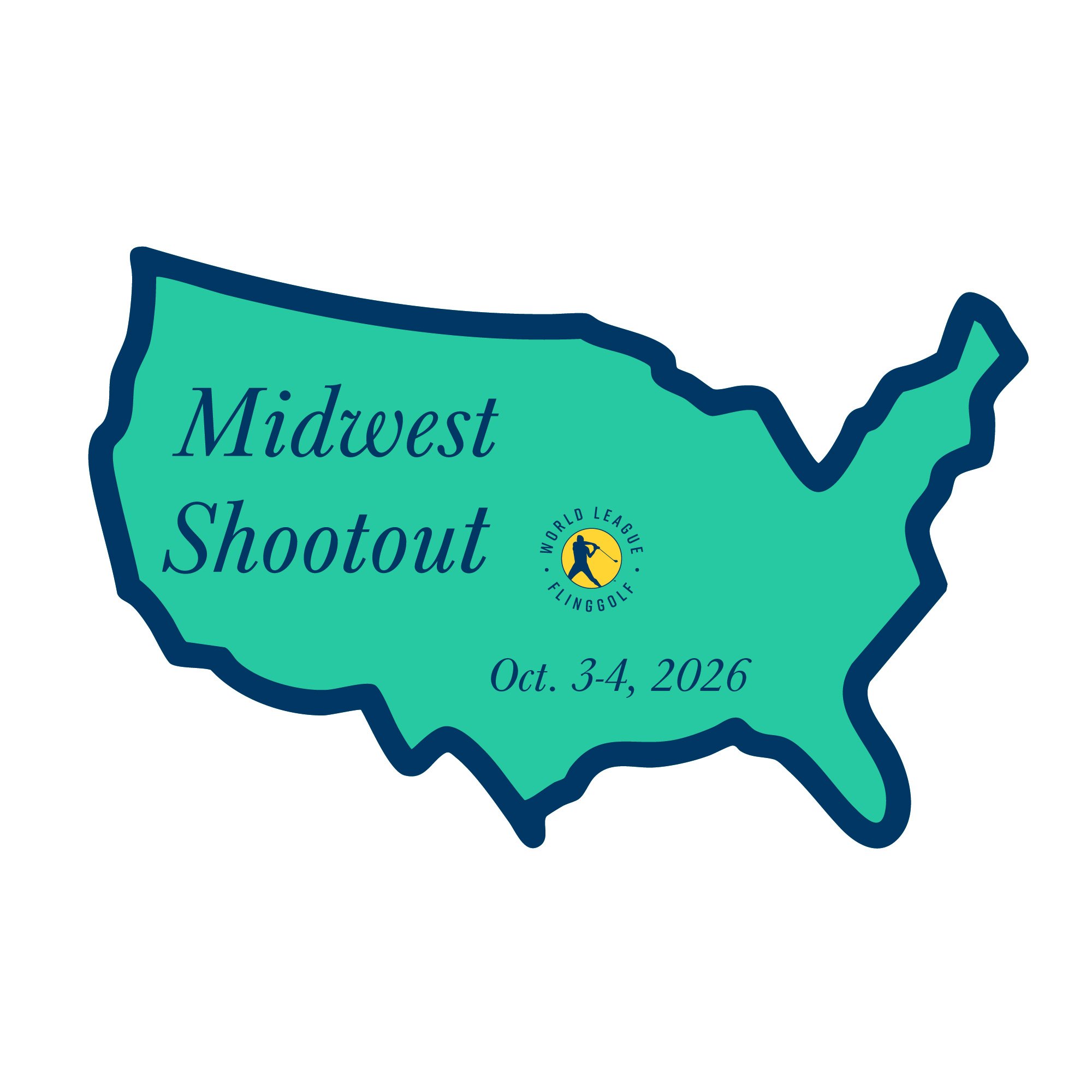 Map of the Midwest region with event details for the Midwest Shootout, a golf tournament scheduled for October 3-4, 2026, organized by World League Flying Golf.