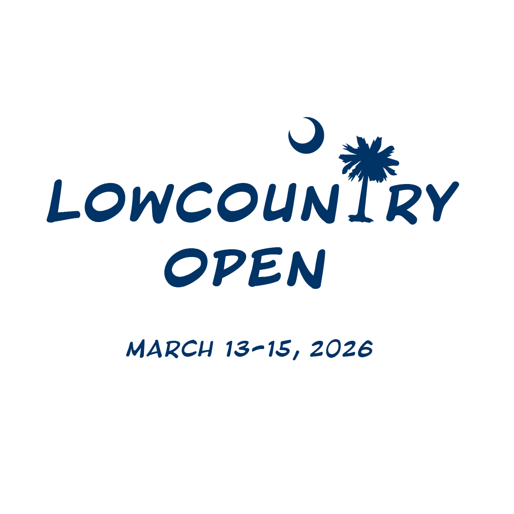 Text advertising the Lowcountry Open event, scheduled for March 13-15, 2026, with a crescent moon, a pine tree, and a flower in a blue design.