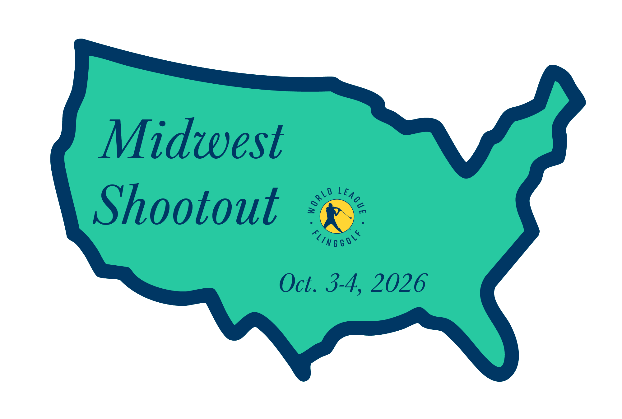 A stylized map of the Midwestern United States with the words "Midwest Shootout" and the dates "Oct. 3-4, 2026," along with the World League Fling Golf logo.