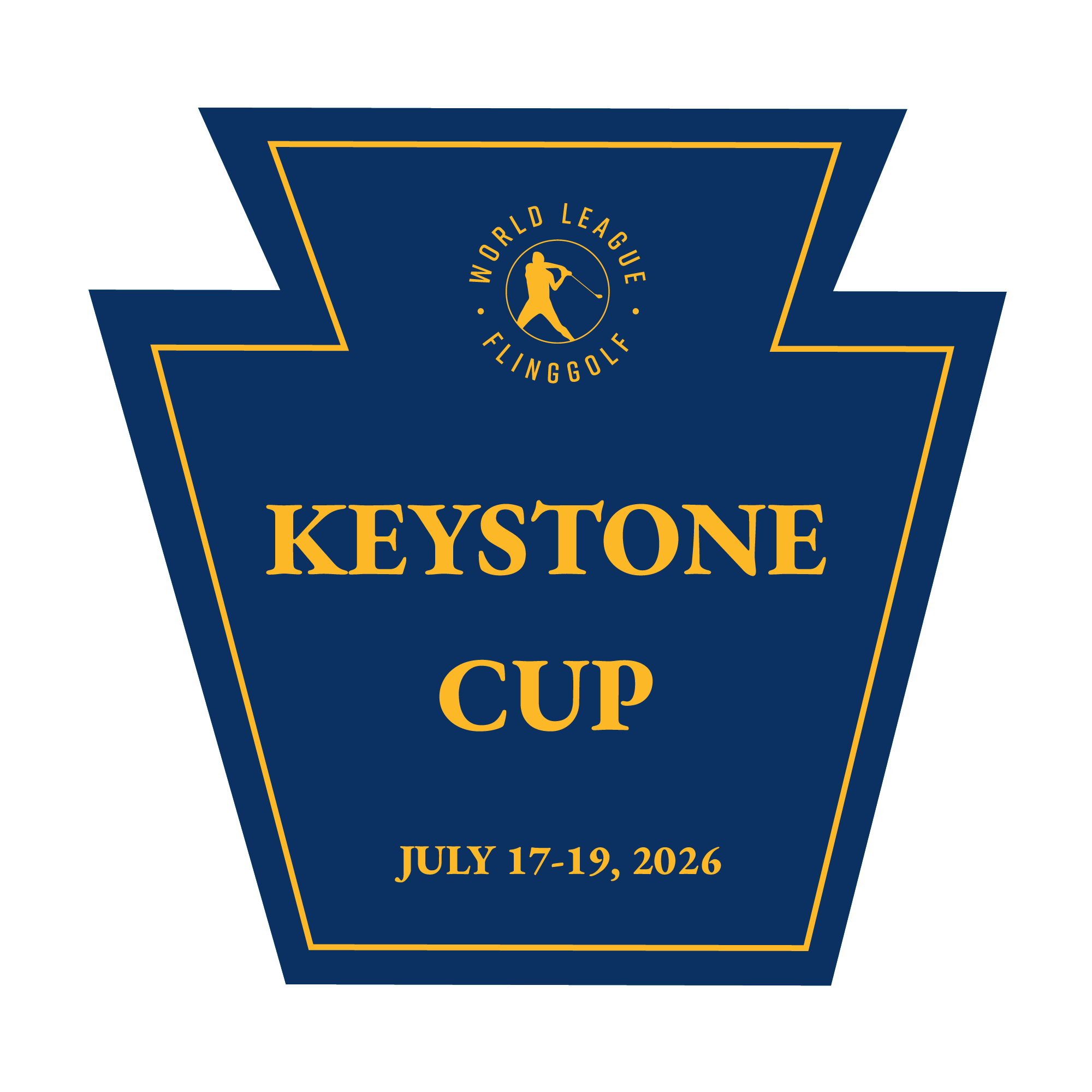 Logo for the World League Flying Golf Keystone Cup event, held July 17-19, 2026, featuring a golfer swinging a club within a circular emblem at the center of a dark blue and gold banner.
