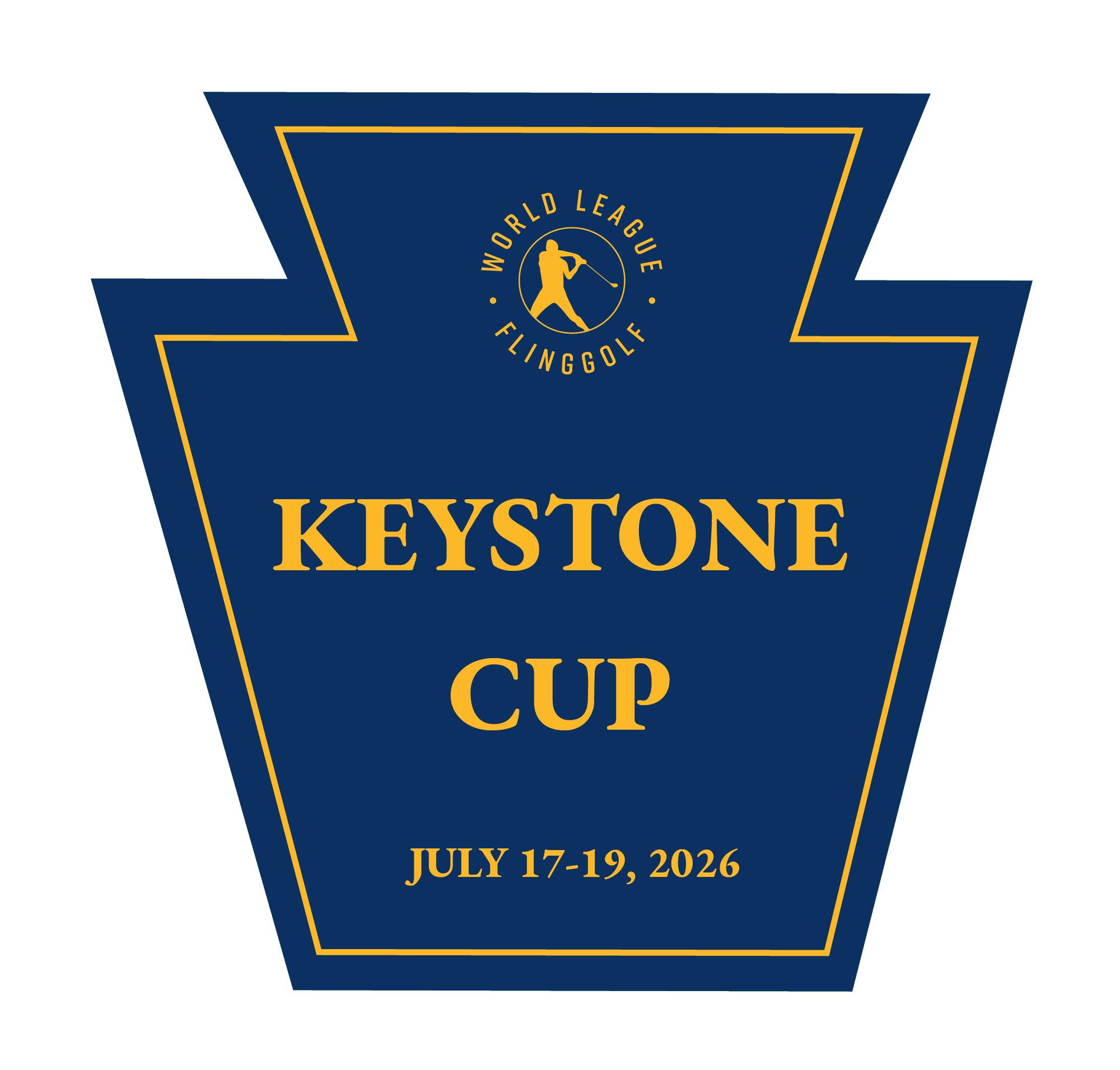 Logo for the World League Flying Golf Keystone Cup event, held July 17-19, 2026, featuring a golfer swinging a club within a circular emblem at the center of a dark blue and gold banner.