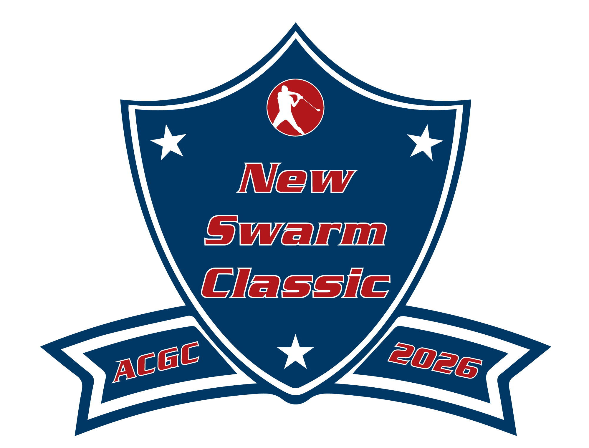 Logo for the 2026 ACC Championship Game featuring a shield shape, stars, and a golfer silhouette with the words 'New Swarm Classic' and 'ACC 2026'.
