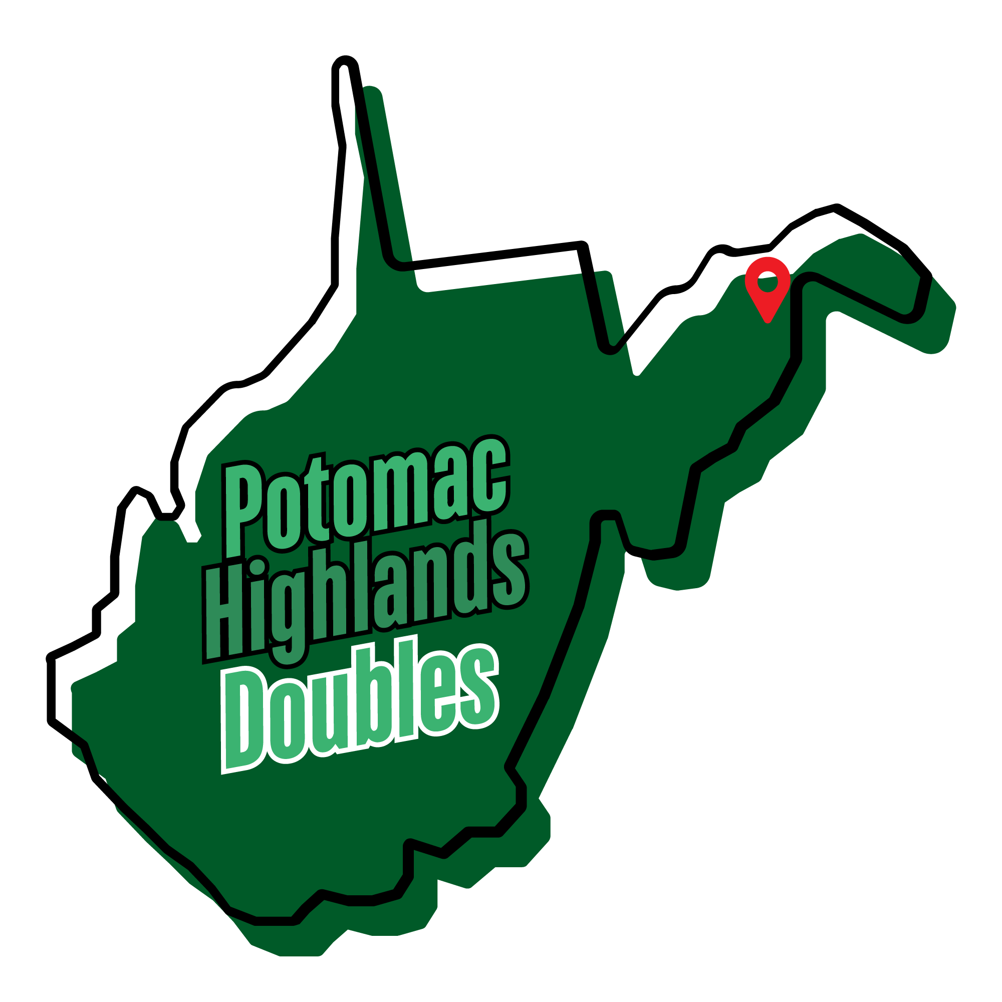 Map of West Virginia with the words 'Potomac Highlands' on it and a red location marker.