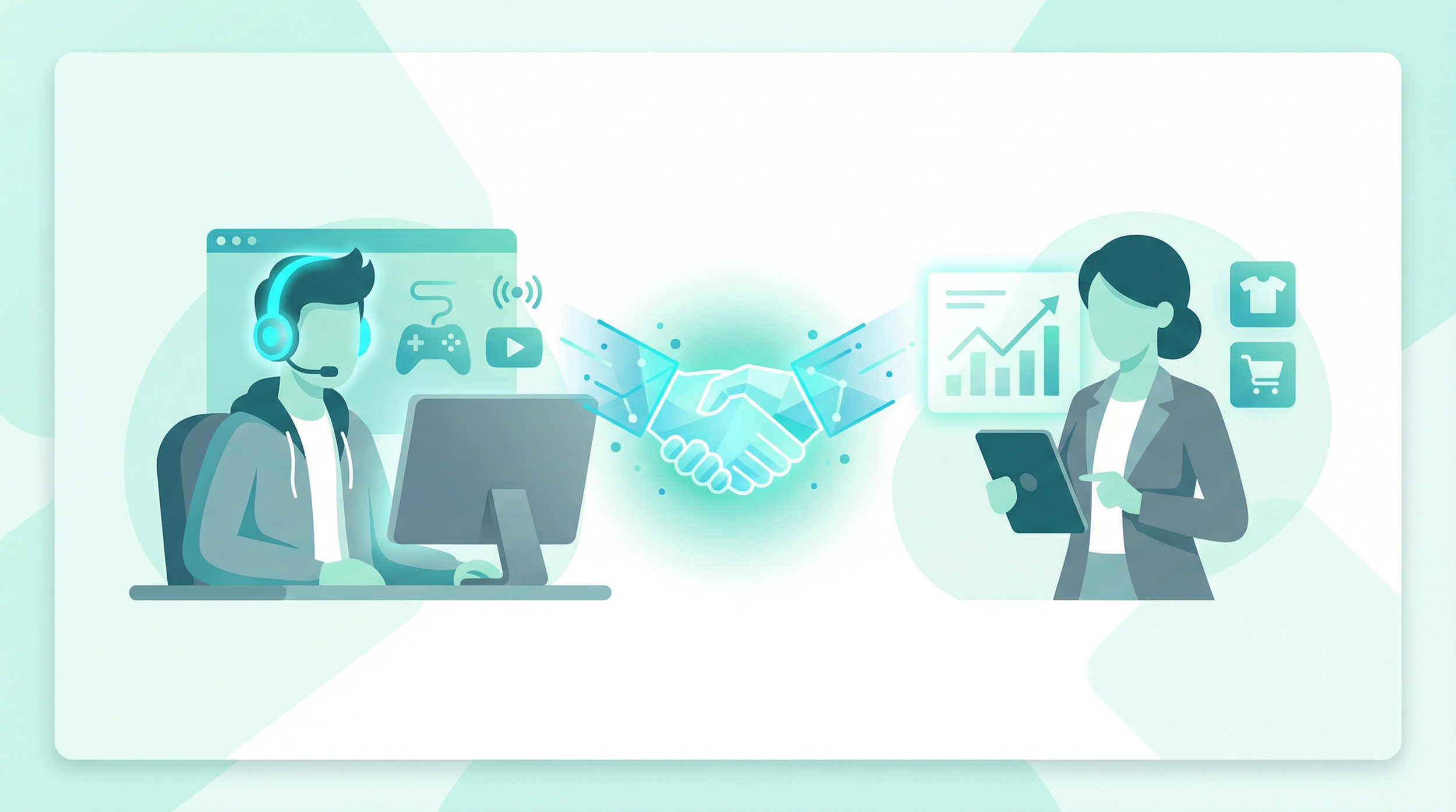 Illustration of two people shaking hands with digital icons in the background, representing collaboration in technology and business.