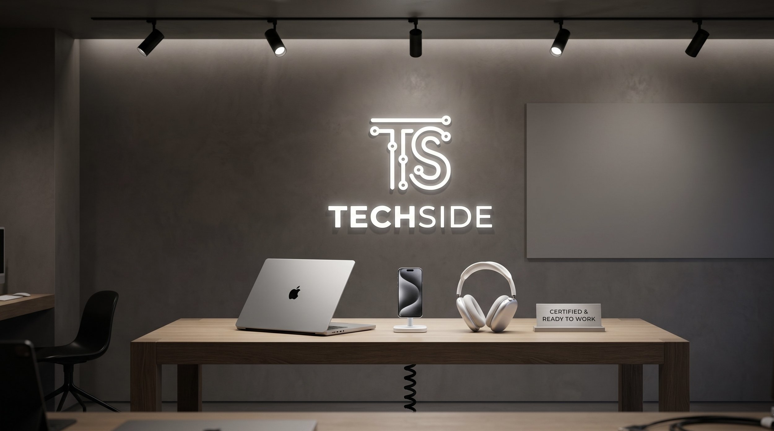 Tech Inside store display with Apple products, including a MacBook, iPhone, headphones, and a sign that reads "Certified & Ready to Work." The background shows a wall with a neon Tech Inside logo.