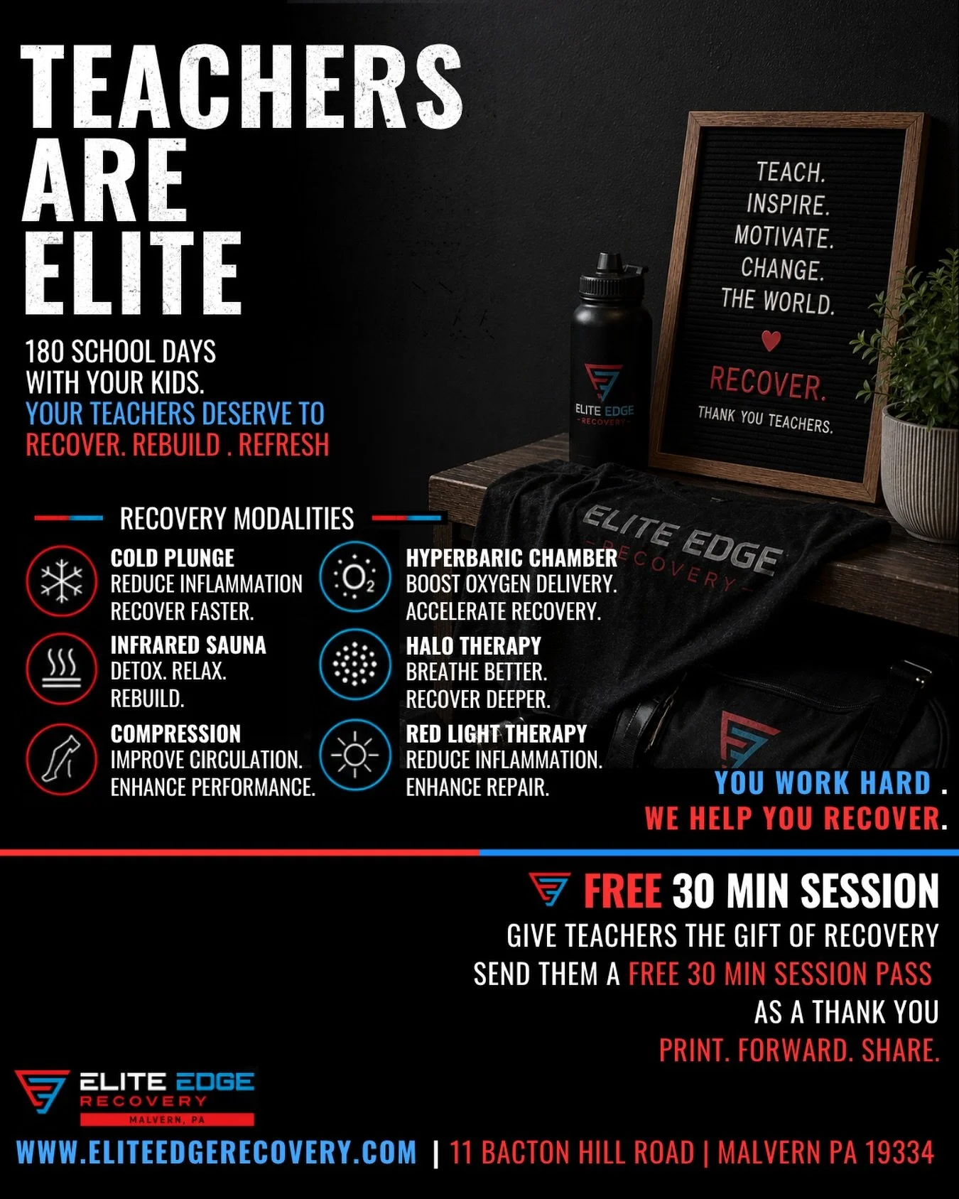To all the teachers finishing another school year, this one&rsquo;s for you! 🍎 

Come enjoy a FREE 30-minute recovery session on us. You&rsquo;ve earned it! 

📍 Malvern, PA
