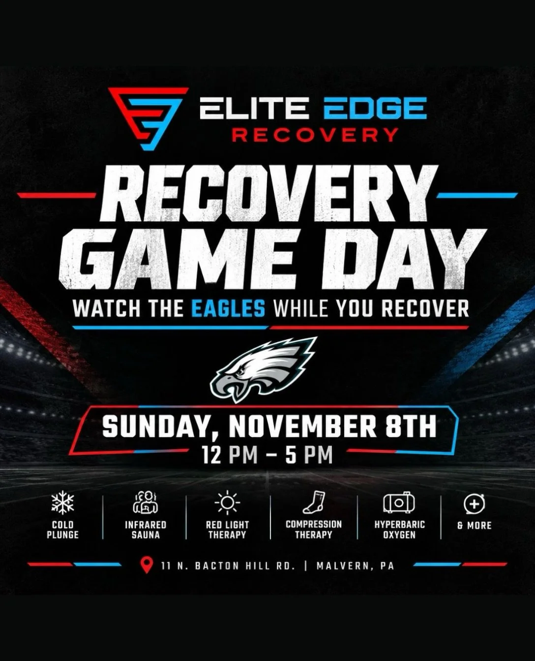 Watch the Eagles while you recover at Elite Edge Recovery! Spend your Sunday enjoying the game and checking out some of our recovery services. 

📅 Sunday, November 8th 
⏰ 12pm - 5pm
📍 11 N. Bacton Hill Rd., Malvern, PA

Cold plunge, infrared sauna,