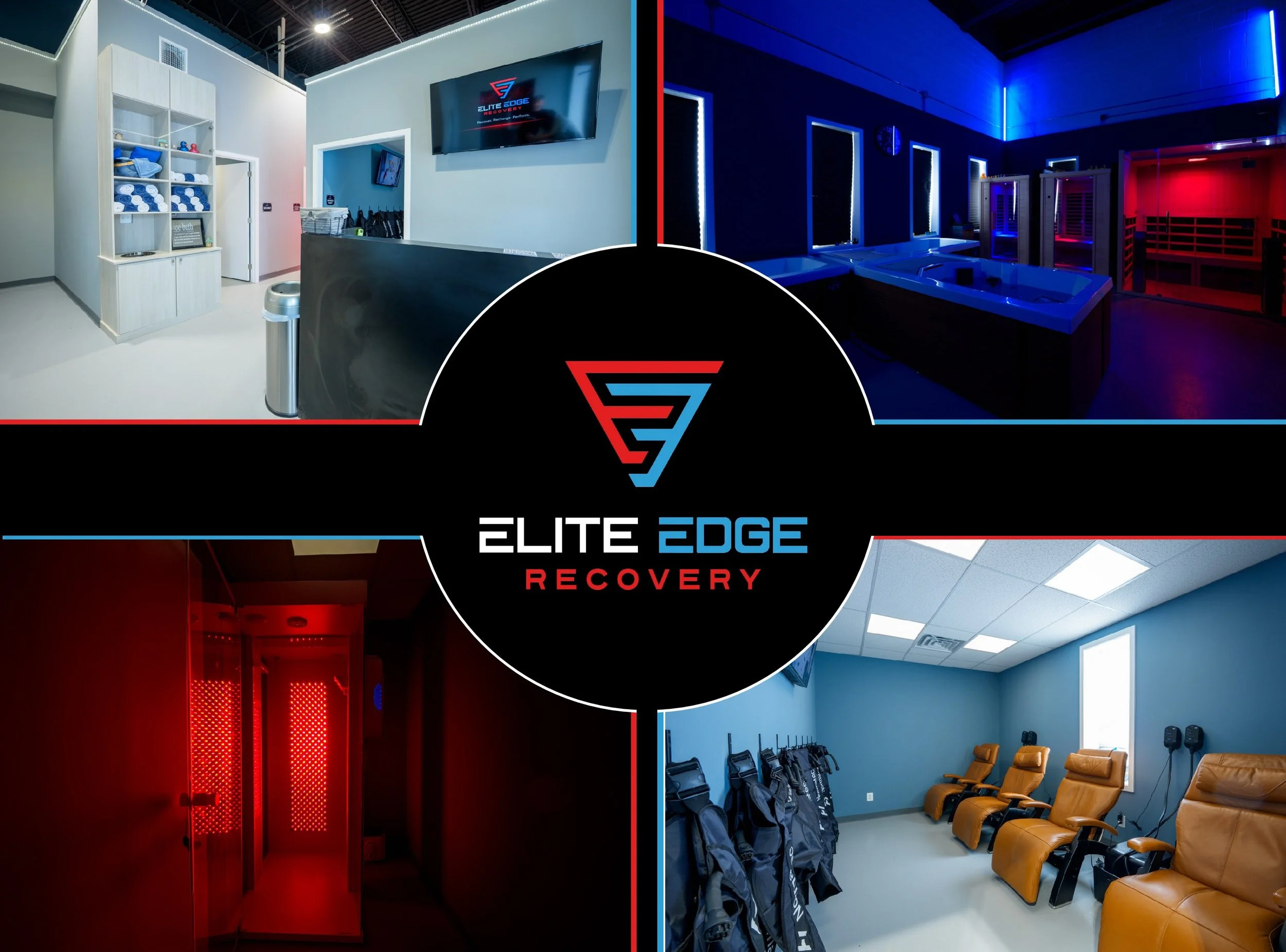 A collage of 4 photos. the lobby with a front desk, infrared saunas, cold plunges, hot tubs, red light therapy, and compression therapy in Malvern, PA