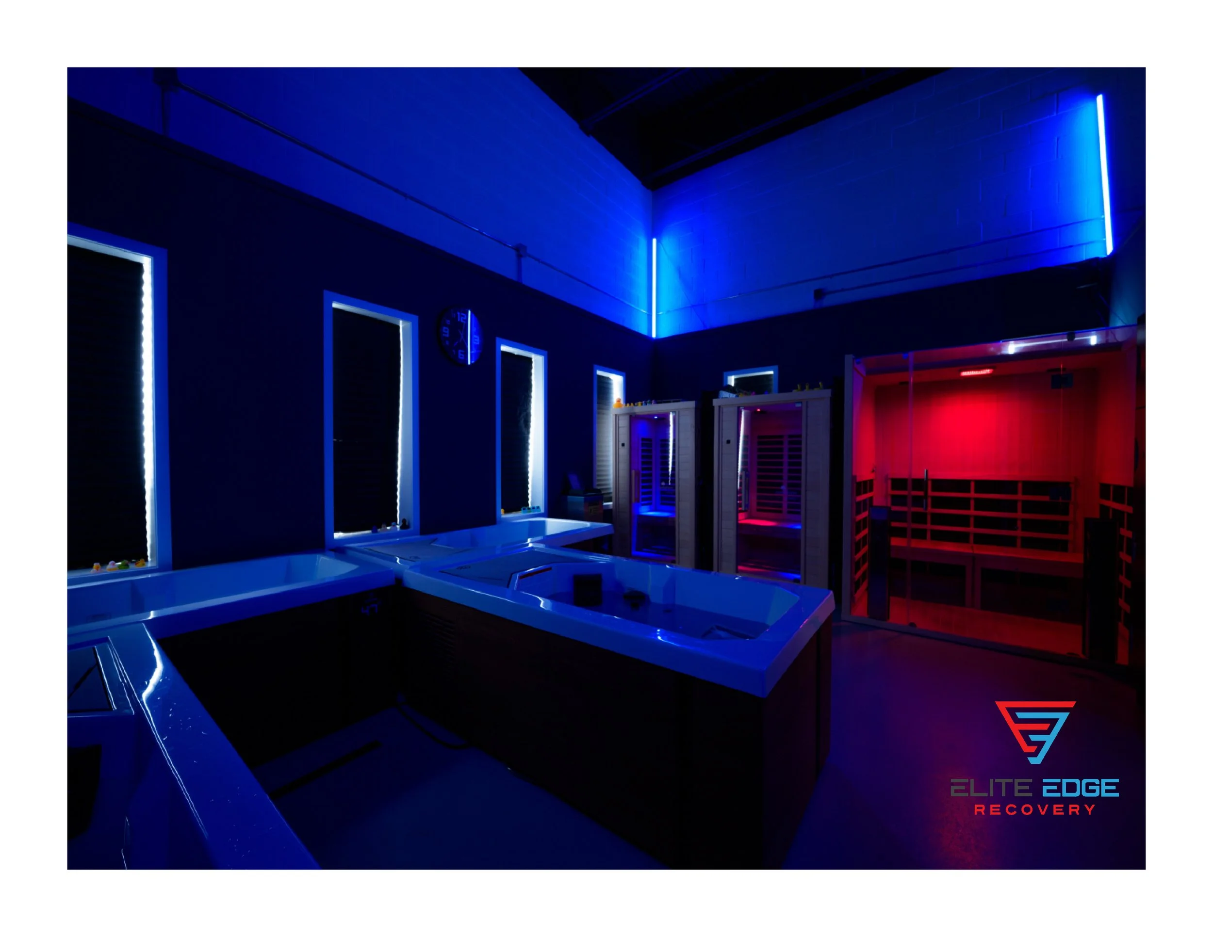 Blue room featuring three cold plunges, one hot tub, and three infrared saunas located around Malvern, Exton, Downingtown, and West Chester, PA 