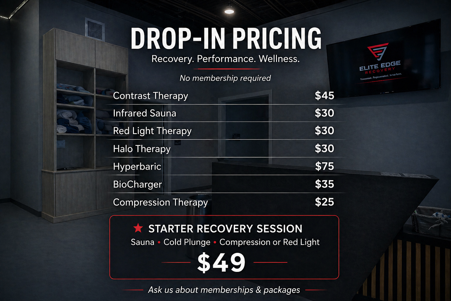 Price list for various recovery therapy treatments at a wellness center, including contrast therapy, infrared sauna, red light therapy, halo therapy, hyperbaric, BioCharger, and compression therapy, with prices ranging from $25 to $75, and a starter recovery session for $49.