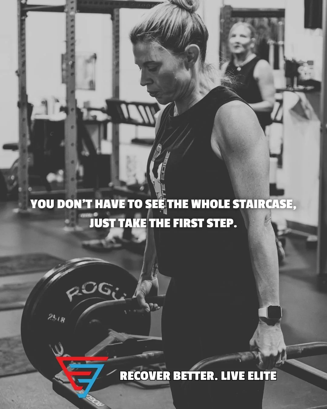 An Ad for Elite Edge Recovery of a women lifting weights with a quote going through the middle on the picture located around Malvern, Exton, Downingtown, and West Chester, PA 