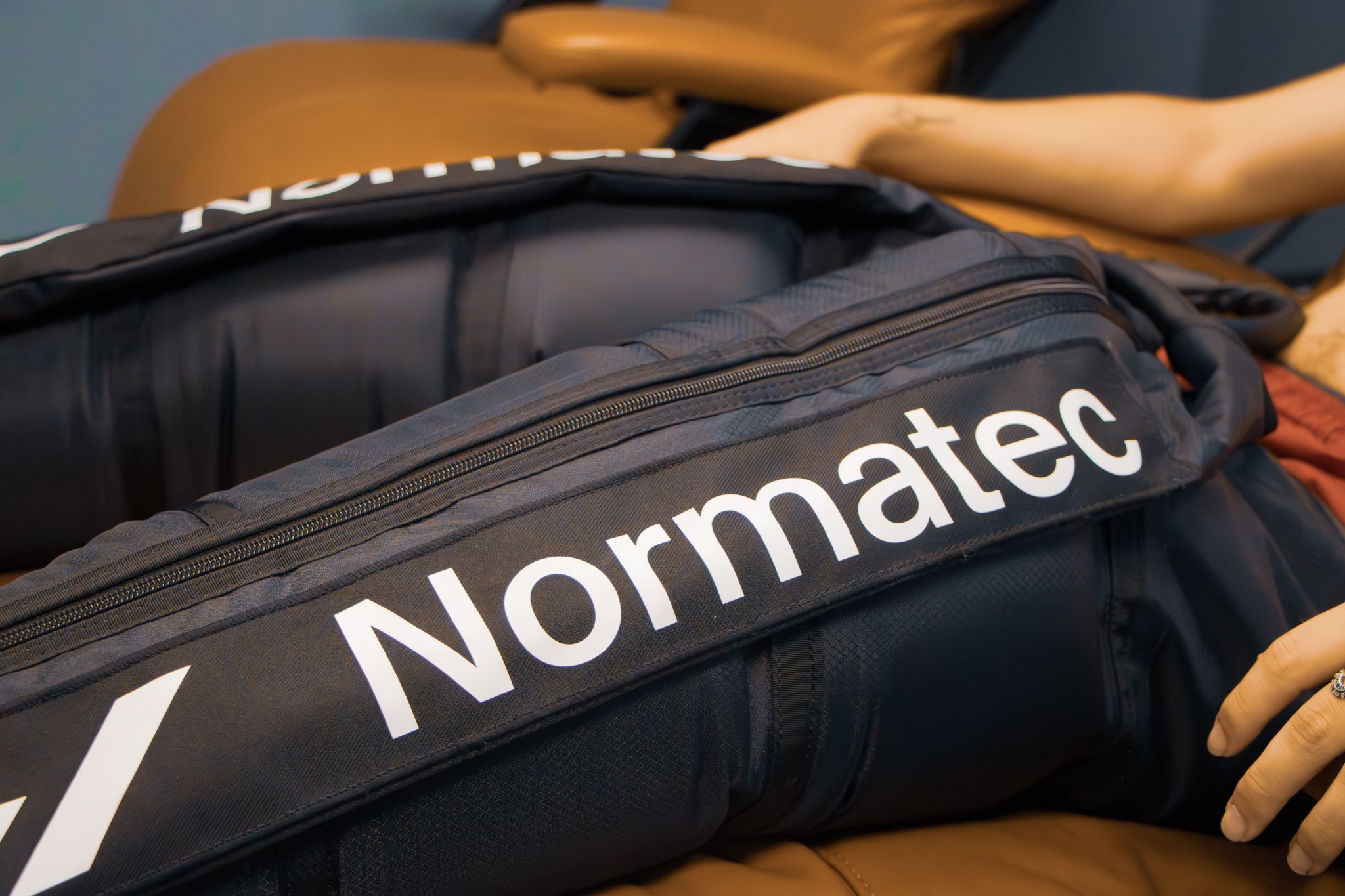 a close up image of compression therapy boots with the name "Normatec" on the side located near Chester Springs, PA.