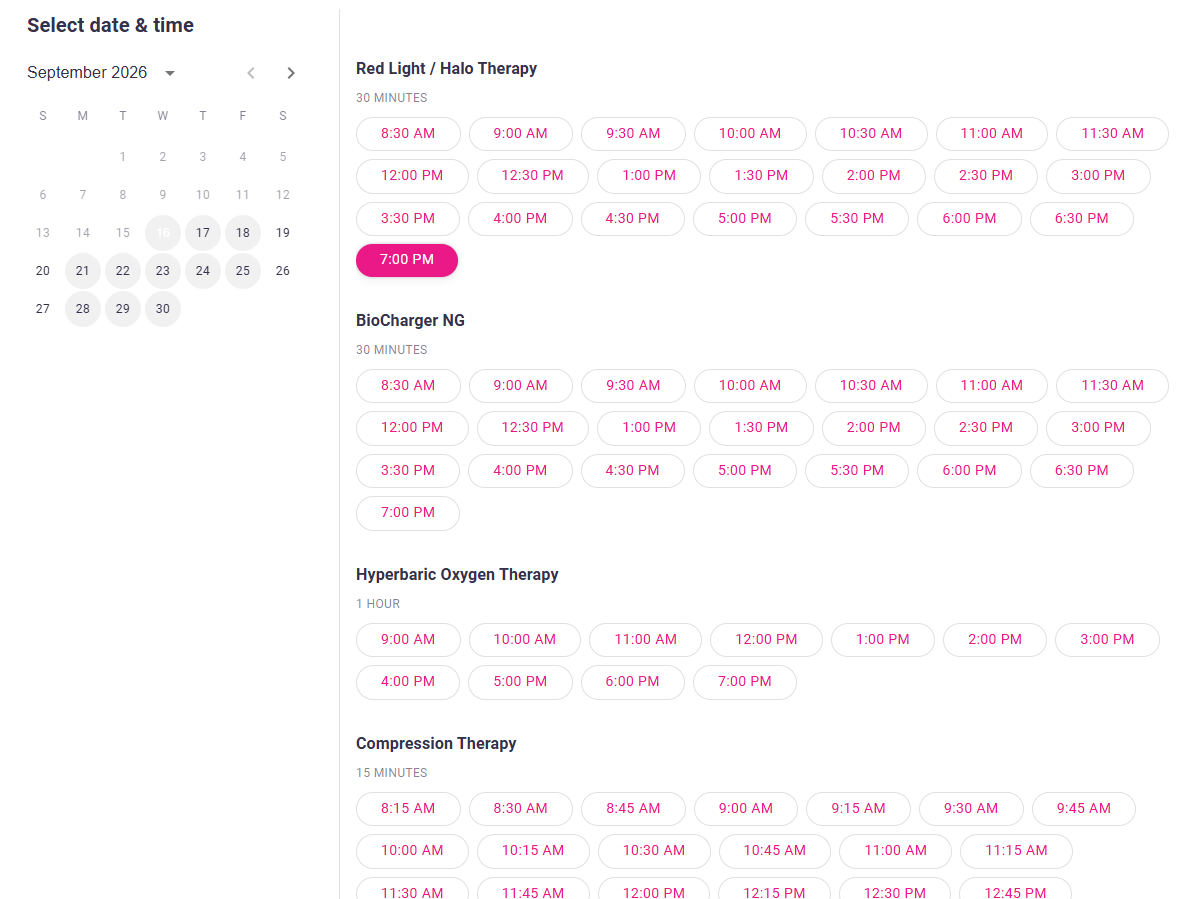 Schedule interface showing available times for various therapies in September 2026, including Red Light / Halo Therapy, BioCharger NG, Hyperbaric Oxygen Therapy, and Compression Therapy, with selected time for Red Light / Halo Therapy at 7:00 PM.